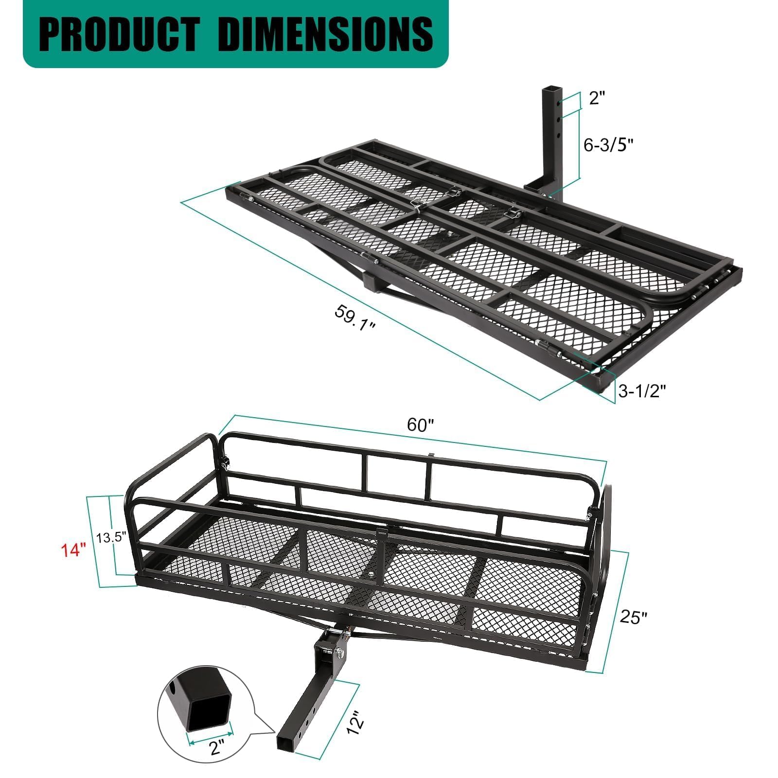 LITBM Hitch Cargo Rack, 60 x 24 x 14 Inch Folding Hitch Mount Cargo Carrier with High Side Rails for Trailer RV Truck SUV Van, 500 lbs. Capacity, 2