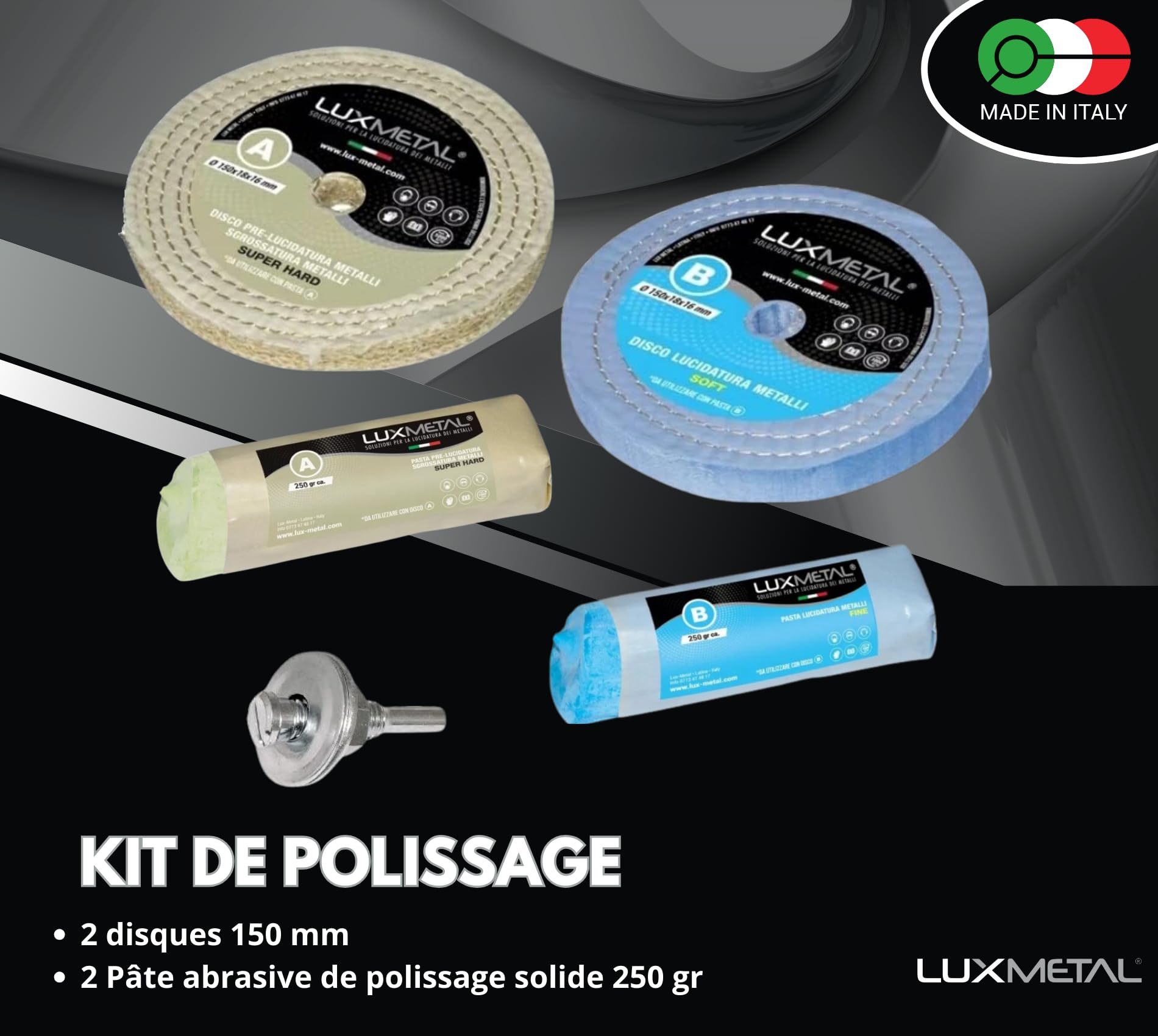 Lux Metal - Kit 2 Disques de Polissage de 150 mm et 2 Pâtes Abrasives de 250 gr - Parfaits pour polir des métaux tels que l'aluminium, le fer, l'acier inoxydable, le laiton, le cuivre, l'or, le marbre