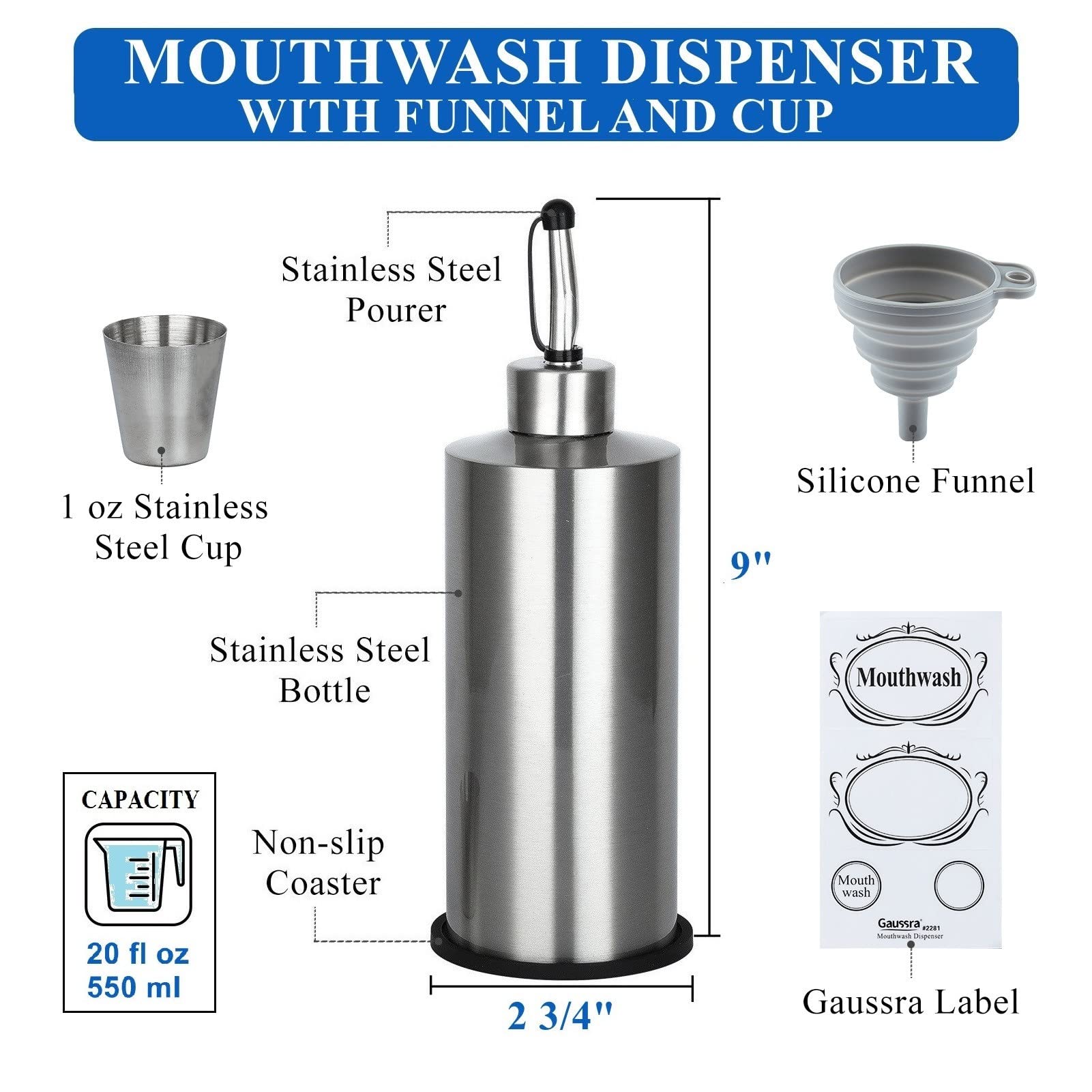 Gaussra Mouthwash Dispenser with Mat and Cup - 20 fl oz / 550 ml, Nickel Brushed Stainless Steel, Mouthwash Dispenser for Bathroom, Refillable Mouthwash Bottles Container with Funnel and Labels