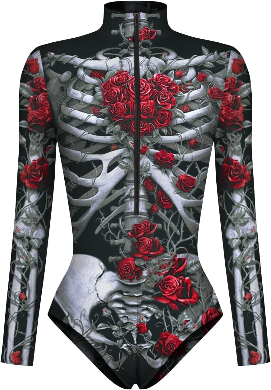 JJEUWE Women's Skeleton Halloween Costumes Zipper Bodycon Lingerie Bodysuits Leotard