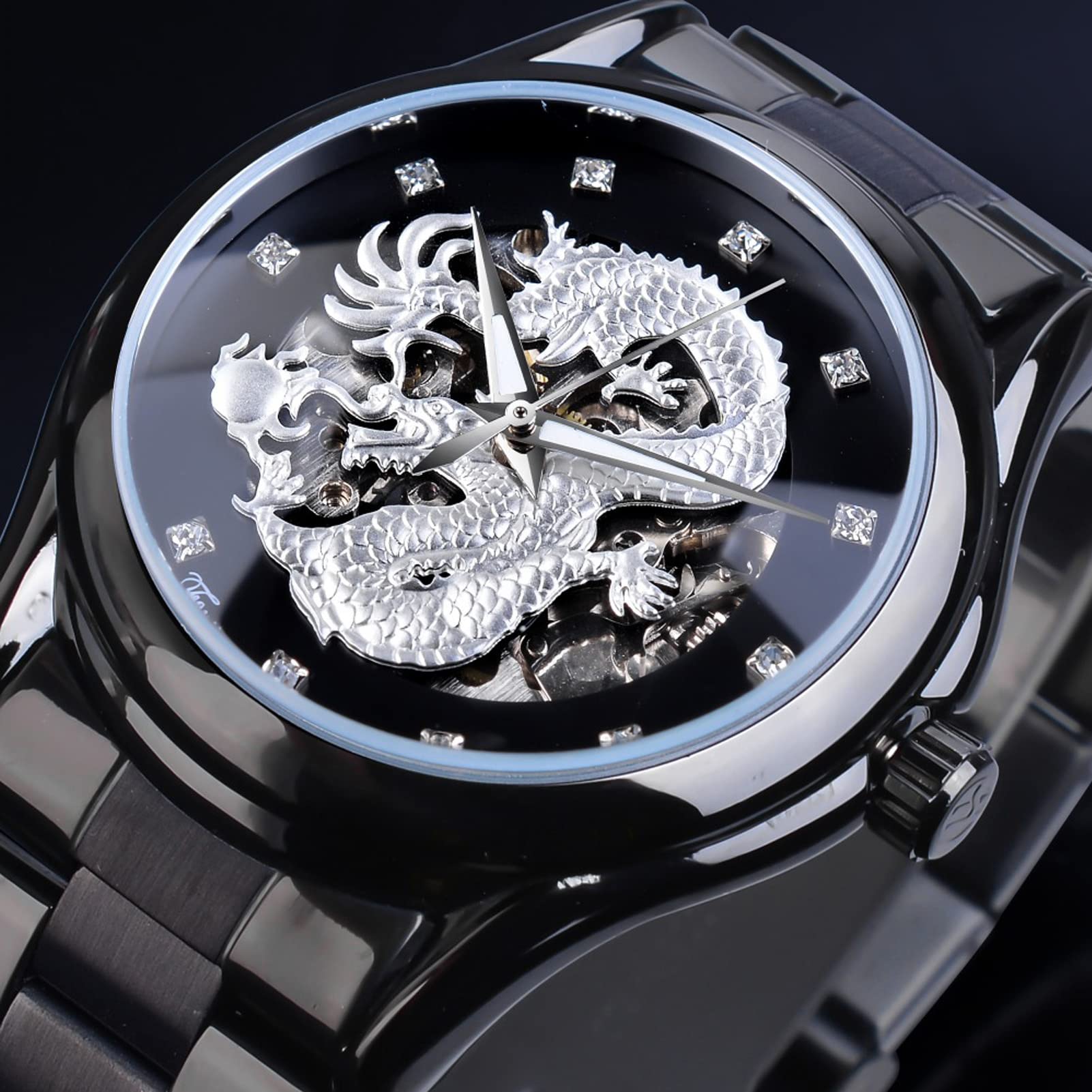Forsining Herrenuhren, modische mechanische automatische Armbanduhr für Herren, luxuriös, Diamant, Skelett, Drachen-Design, wasserdicht, Edelstahl, schwarz/silberfarben