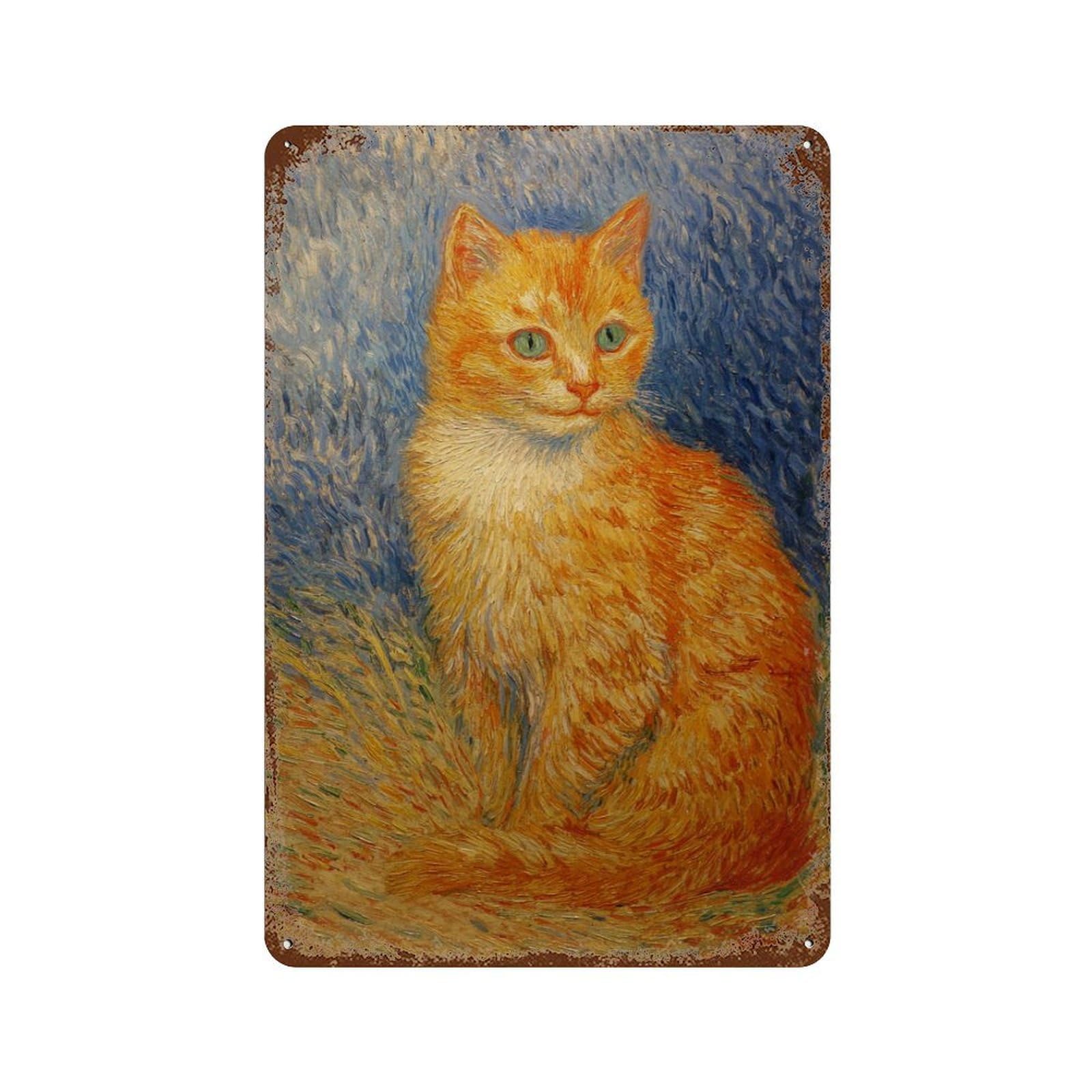 Vintage Rust Metal Sign with Vincent Van Gogh's Cat Painting Design 11.8"x7.9", for Office, Studio And Wall Decor, Farmhouse Wall Decor