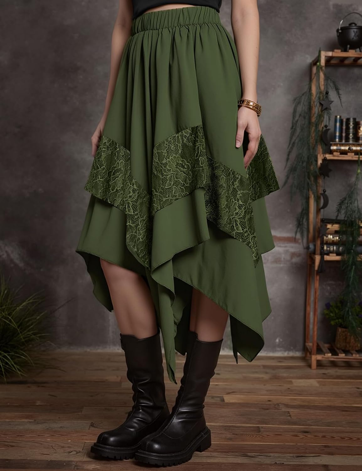 Yimoon Womens Renaissance Skirt Lace Tiered Asymmetrical Flowy Fairy Long Skirt High Waist Gothic Midi Skirts - Image 2