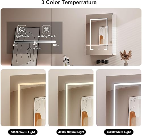 Miniatura 4 de Botiquín, montado en la pared, baño, luces LED, marco de aluminio, 20x28 pulgadas, desempañador, almacenamiento