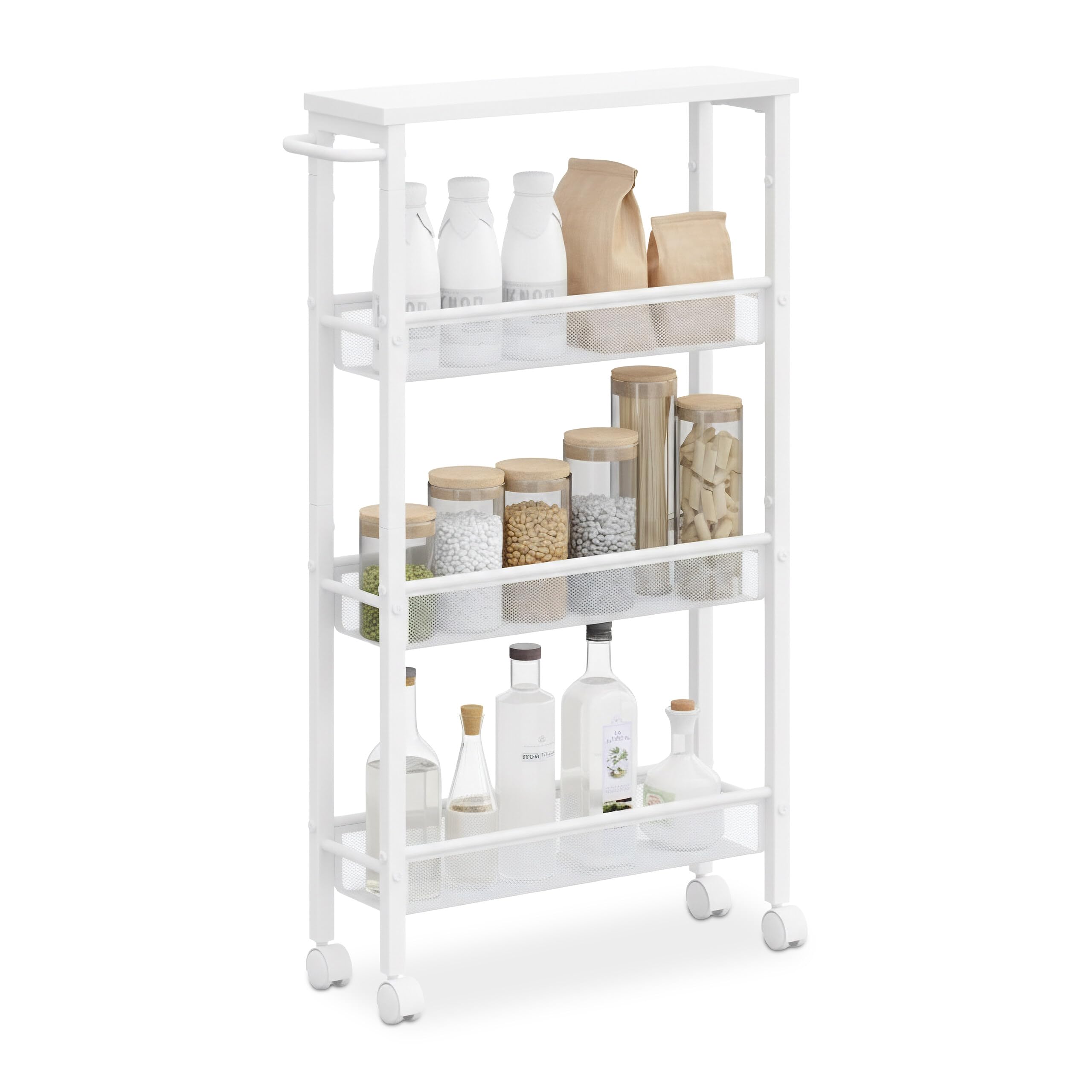 Relaxdays Chariot étroit HxLxP 77x13x45,5 cm pour SdB/Cuisine, 4 Niveaux à roulettes, métal Blanc