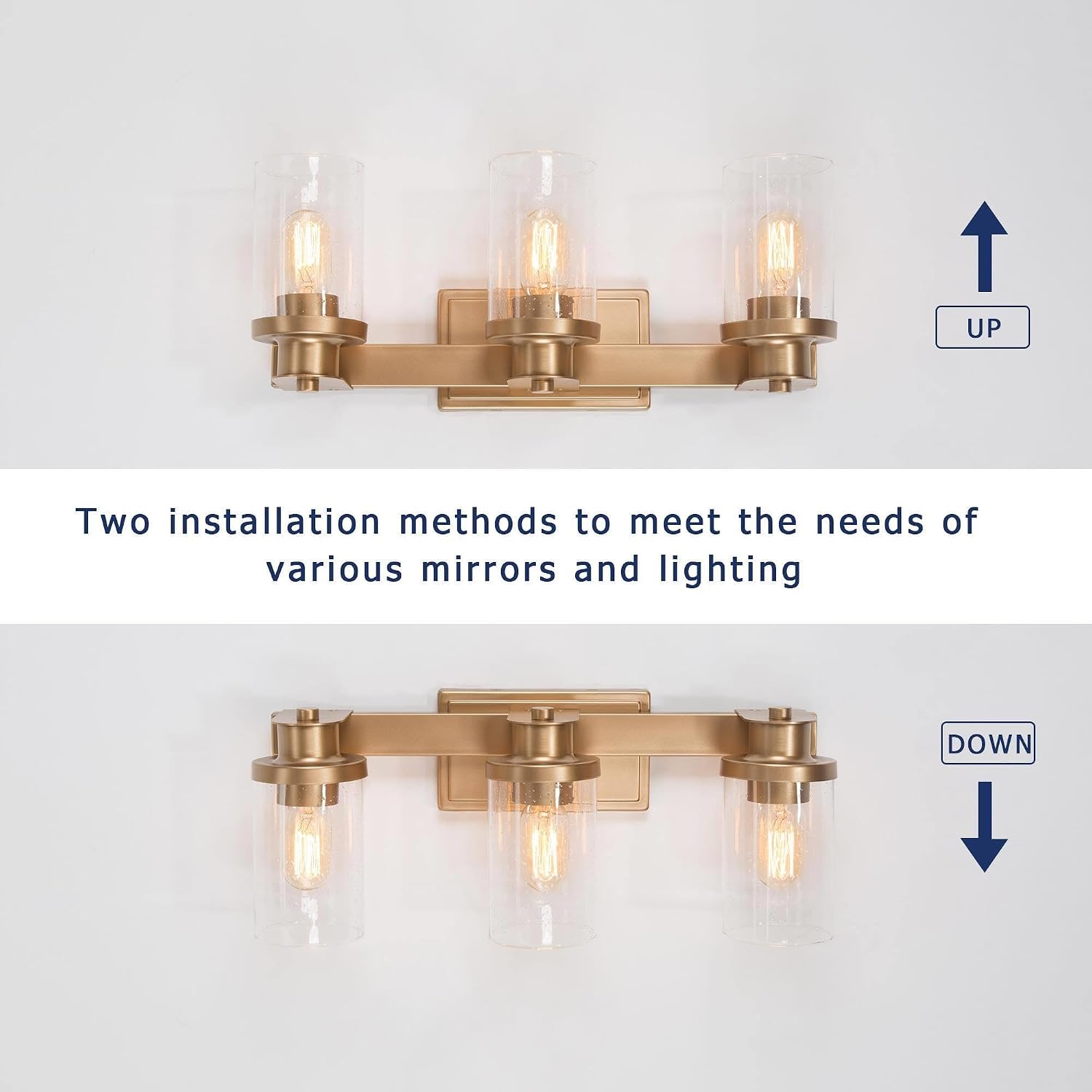 Gold Bathroom Light Fixtures, 3-Light Modern Bathroom Vanity Light with Seeded Glass Shade, Wall Sconce Vanity Lighting Over Mirror for Hallway & Cabinet