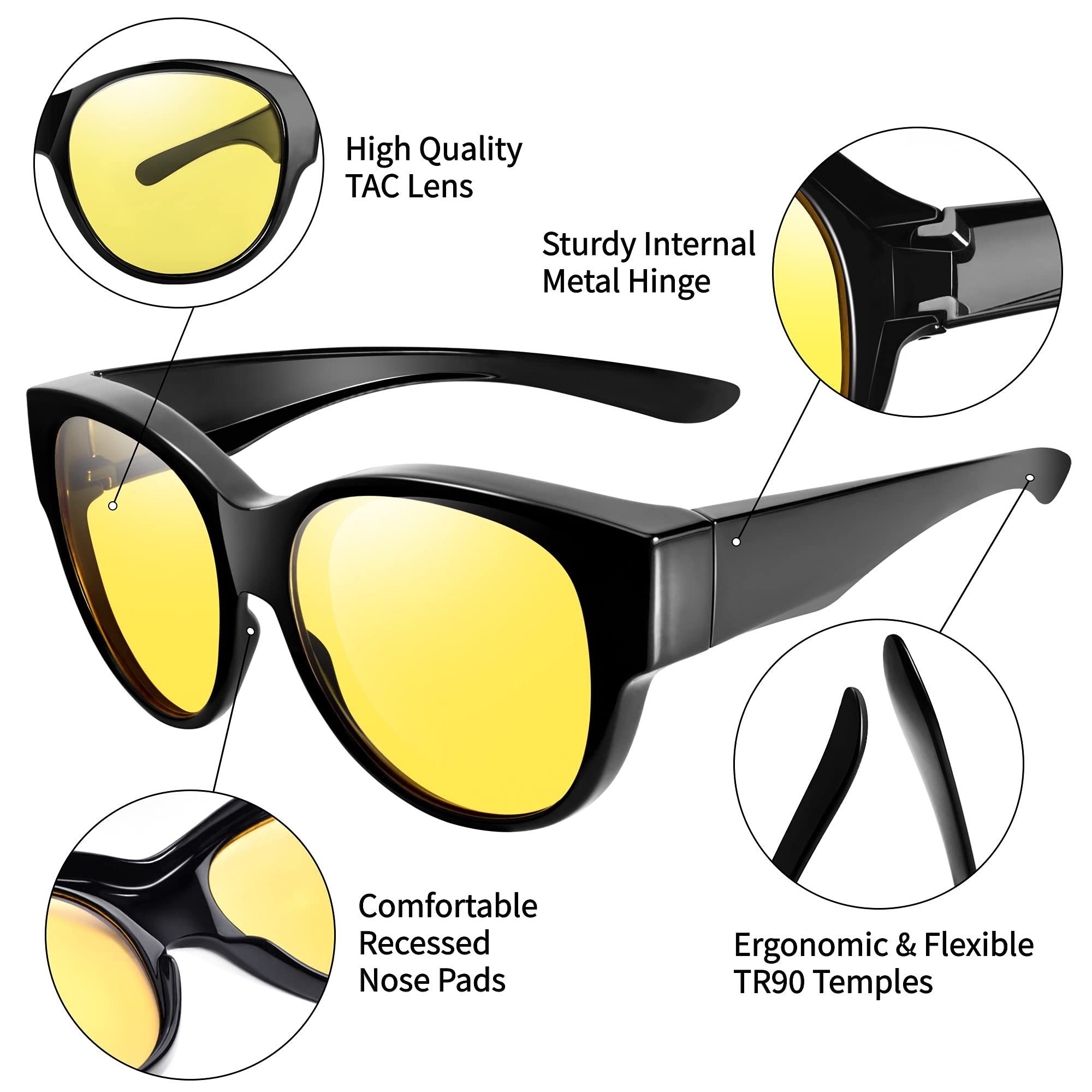 URUMQI Gafas de conducción de visión nocturna para hombres y mujeres, antirreflejos, polarizadas, lentes amarillas | Lentes polarizados antirreflejos, lentes tintados amarillos para conducción nocturna, marco redondo de ojo de gato