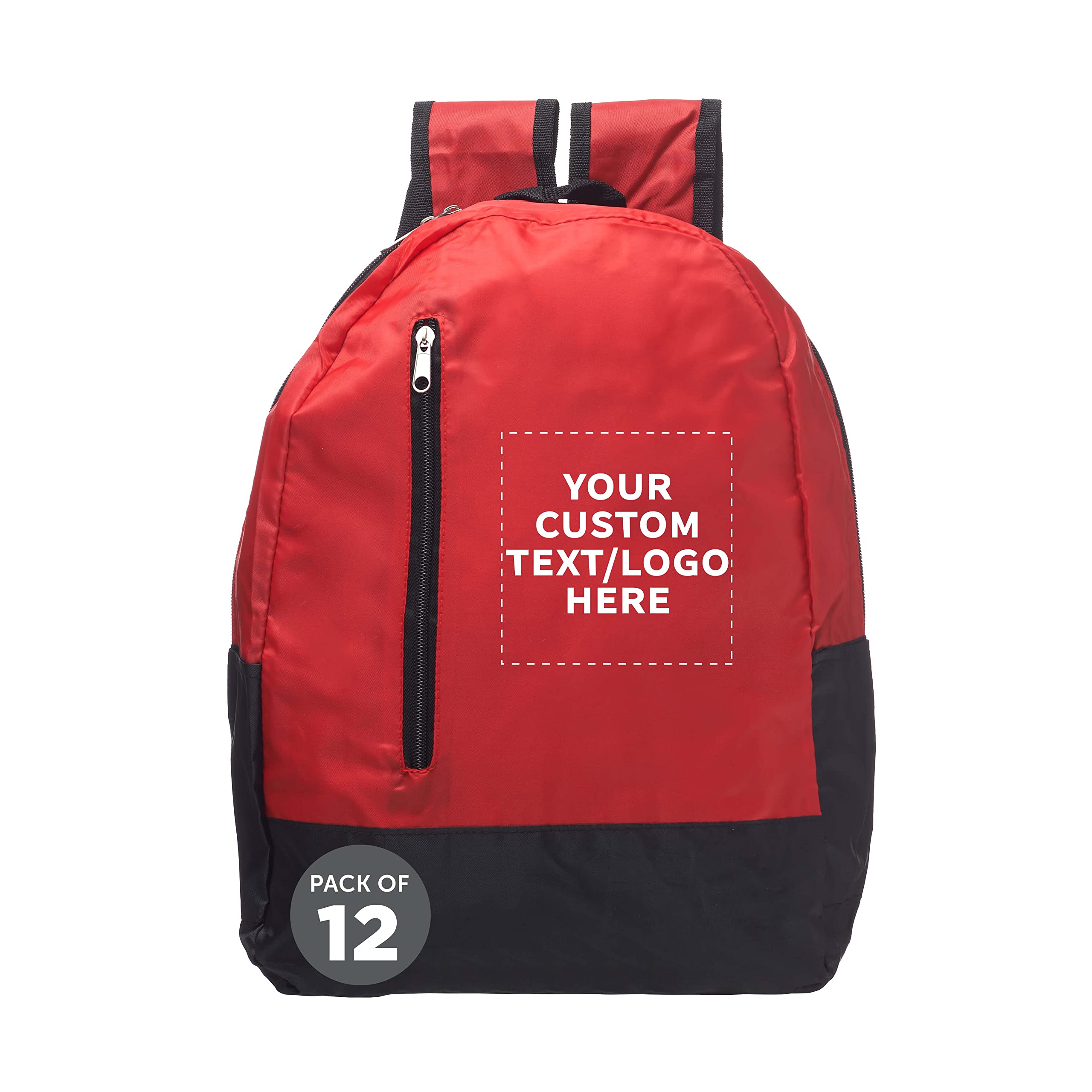 DISCOUNT PROMOS 12 Quick Zip Backpacks Set - Customizable Text, Logo - Polyester, Unique features, Front Pocket, Vibrant - Red