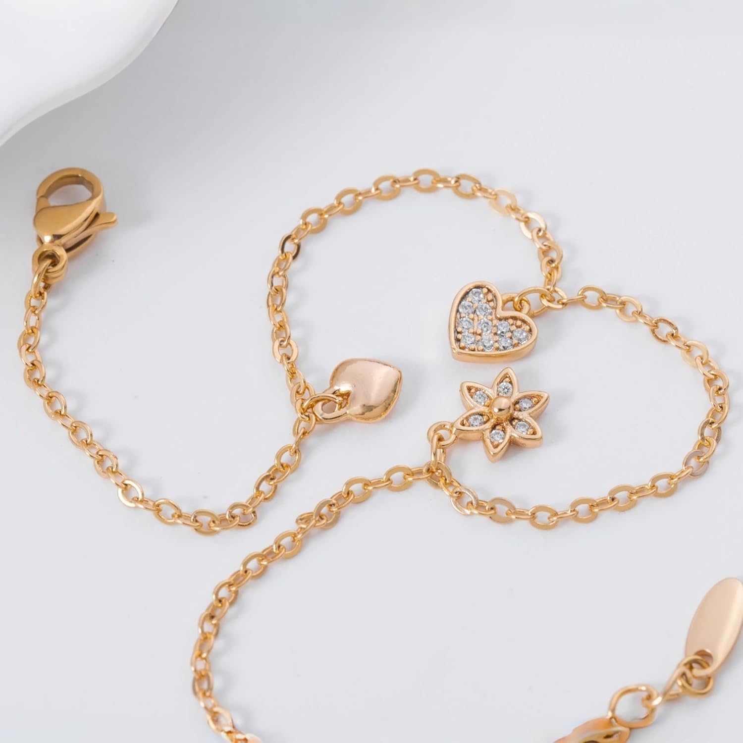 Rose Gold Plated Charm Bracelet with Cubic Zirconia Heart and Star Pendants, Adjustable 6.7-Inch Copper O-Link Chain with 1.1-Inch Extender, Elegant Women's Fashion Jewelry - Image 4