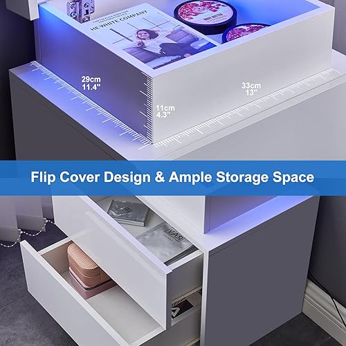 Miniatura 5 de CLIPOP Moderna mesita de noche, mesita de noche LED con 2 cajones de alto brillo, armario de mesita de noche con luz de control remoto, mesita de