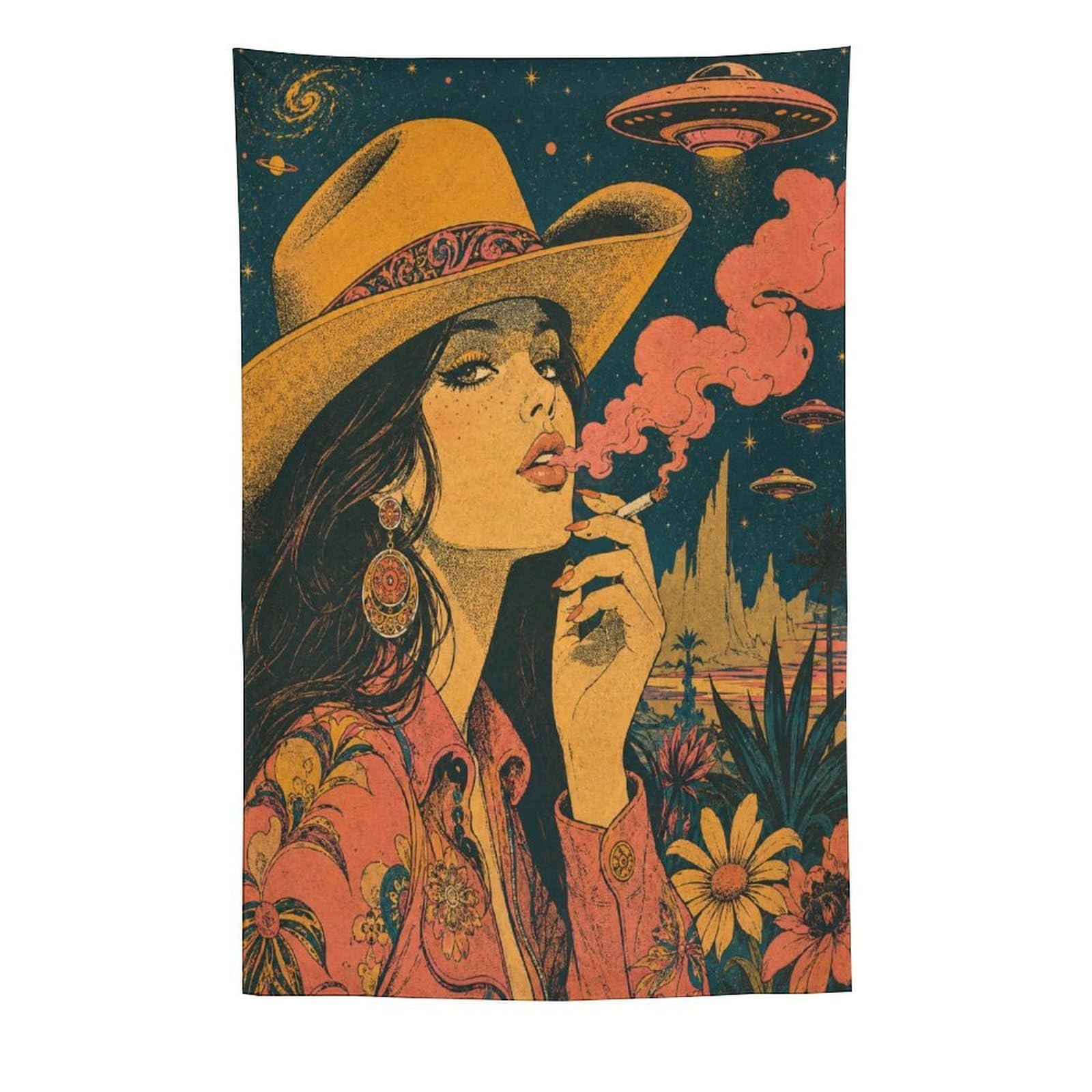 W7C8U2X3 Cowgirl with UFO Wall Tapestry, Vintage Poster, Desert Flowers