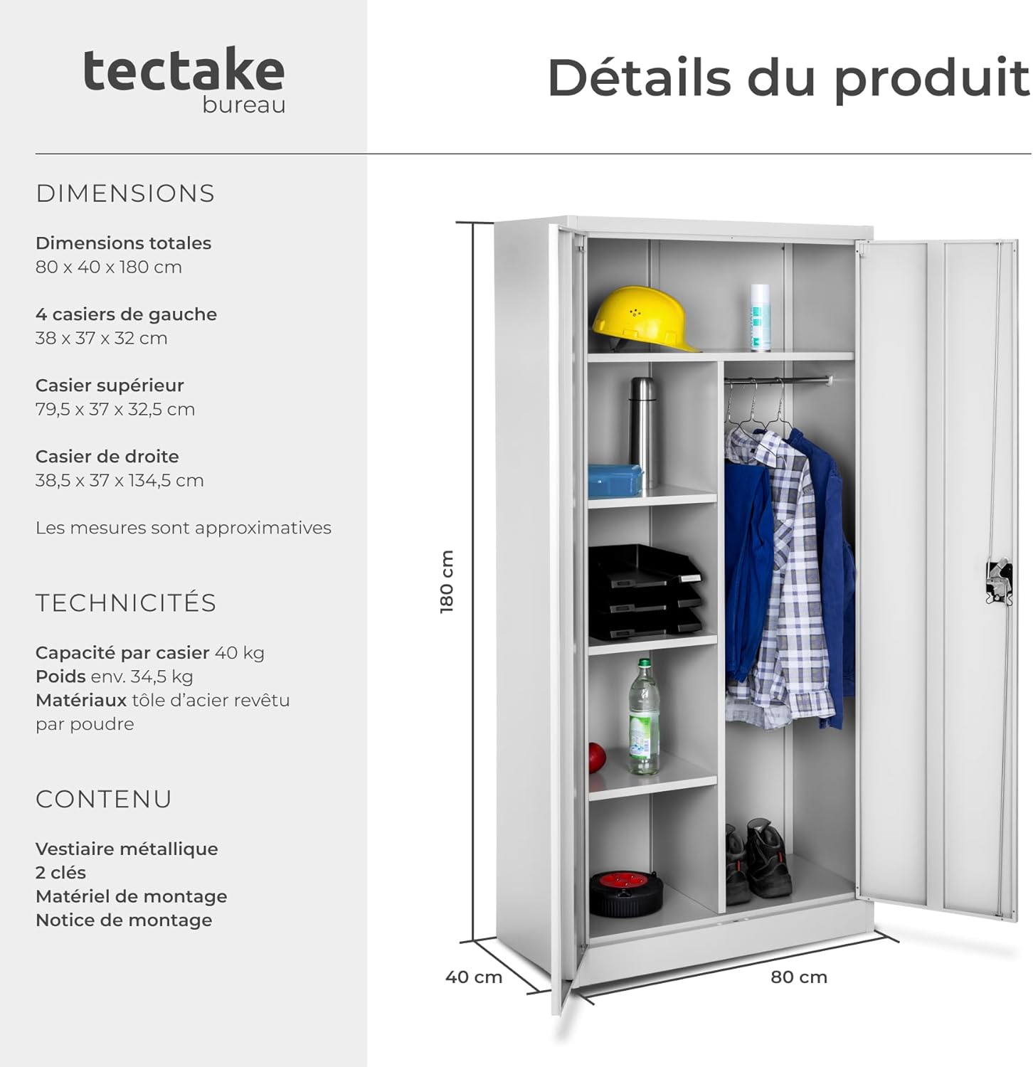 Infographic detailing the dimensions and technical specifications of the TecTake Metal Storage Locker Cabinet.