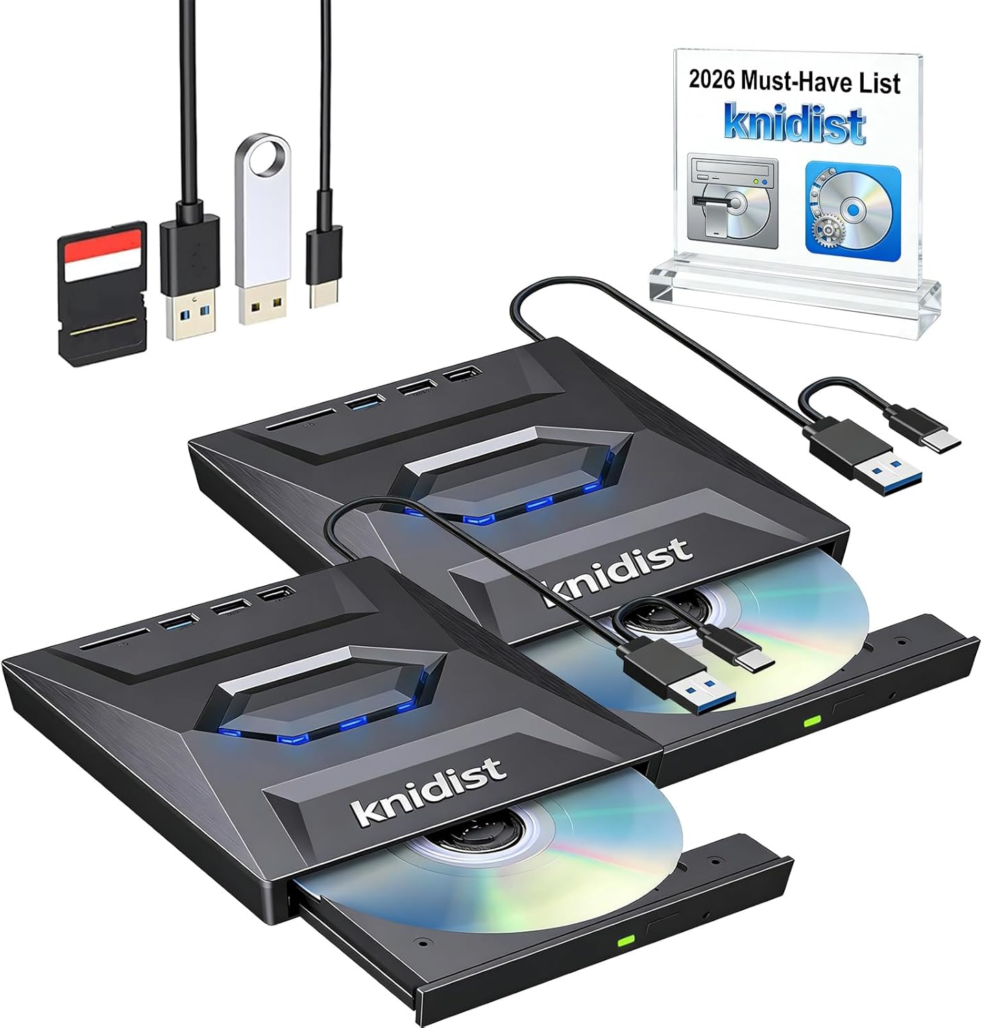 7-in-1 External USB DVD Drive & Blu-Ray Player Blu Ray Drive Bluray Burner Optical USB C 3.0 Type-C Portable Bd/CD/ROM/RW Writer Reader with SD/TF Card Reader for Laptop Desktop Mac(2PCS)