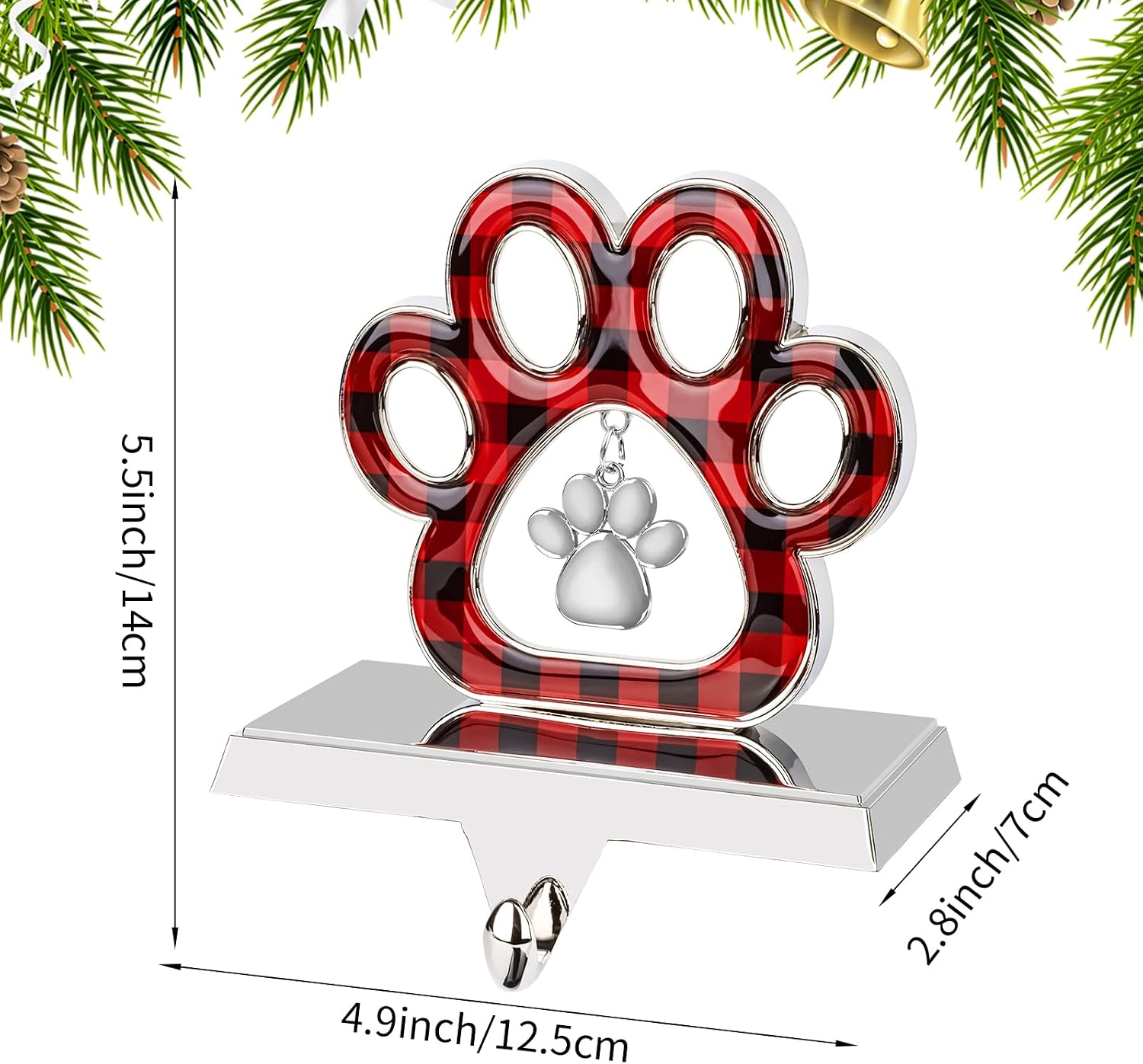 Hooqict Dog Paw Christmas Stocking Holder with Pendant for Mantel 3D Silver Metal Mantel Buffalo Plaid Stocking Holder Fireplace Decorations Christmas Stocking Hanger for Christmas Table Decor