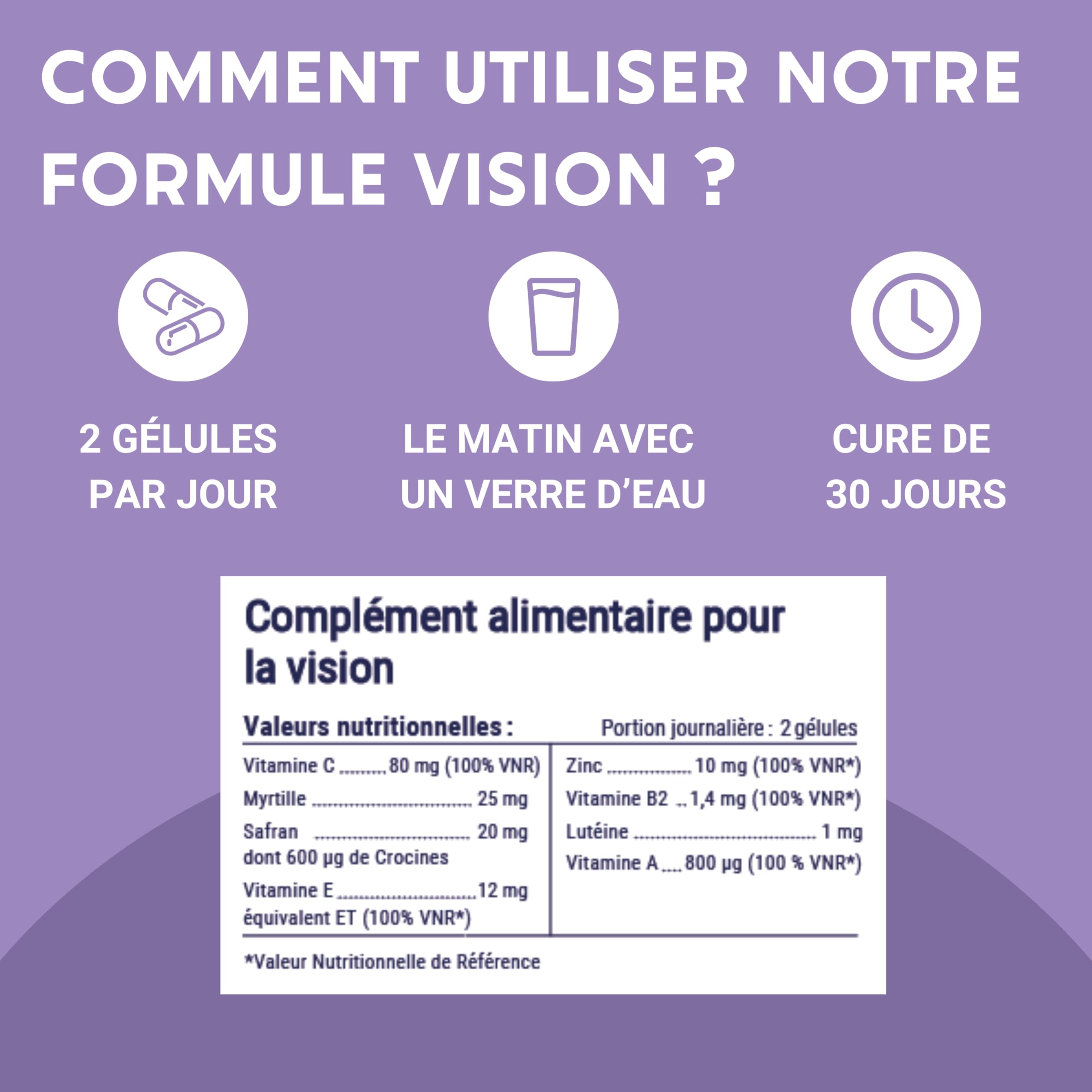 FORMULE VISION | Complément alimentaire pour les yeux | Myrtille, Safran, Lutéine, Zinc et Vitamines | Maintien d'une vision normale, yeux secs et fatigués | 60 Gélules | Fabriqué en France