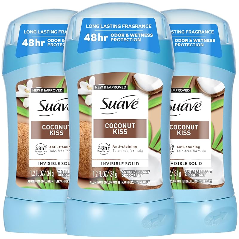 Desodorante antitranspirante Suave Coconut Kiss, bastão sólido sem talco – Pacote com 3
