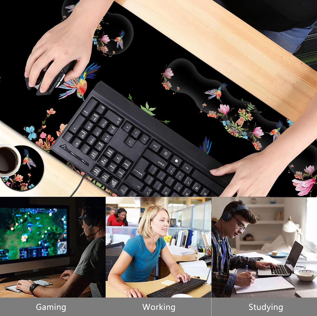 Erweitertes schwarzes Gaming-Mauspad, ergonomische Memory-Schaum-Tastatur-Handgelenkauflage und rutschfeste Maus-Handgelenkauflage für Laptop, Schreibtisch, Schreibblock, Kolibri, Aquarell-Blume,