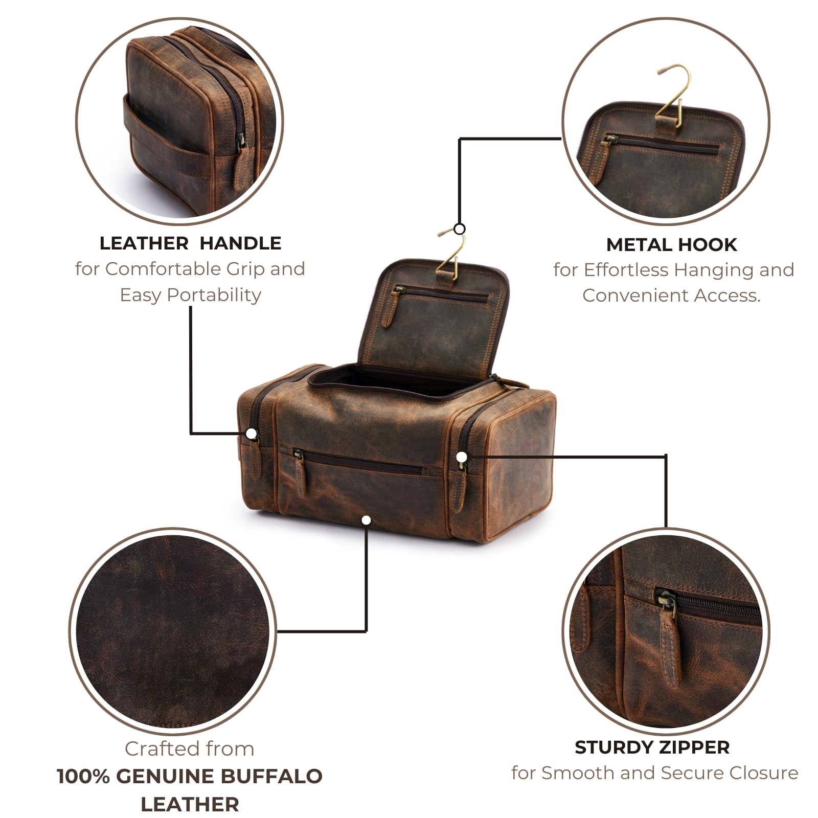NomadCraftsCo. Neceser de cuero para hombres y mujeres, bolsa de viaje de cuero de primera calidad, kit de viaje para viajes, bolsa, organizador de bolsas grandes para hombre, Marrón vintage, Extra