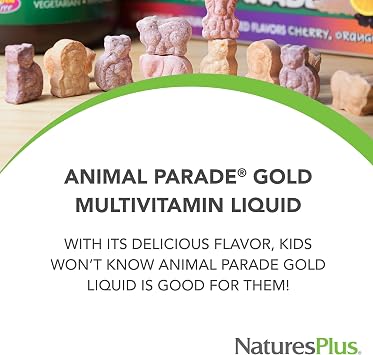 NaturesPlus Animal Parade Source of Life Gold Children's Liquid Multivitamin, 30 OZ - Natural Tropical Berry Flavor - Immune Support Supplement - Organic Whole Foods, Gluten-Free, Vegan - 60 Servings