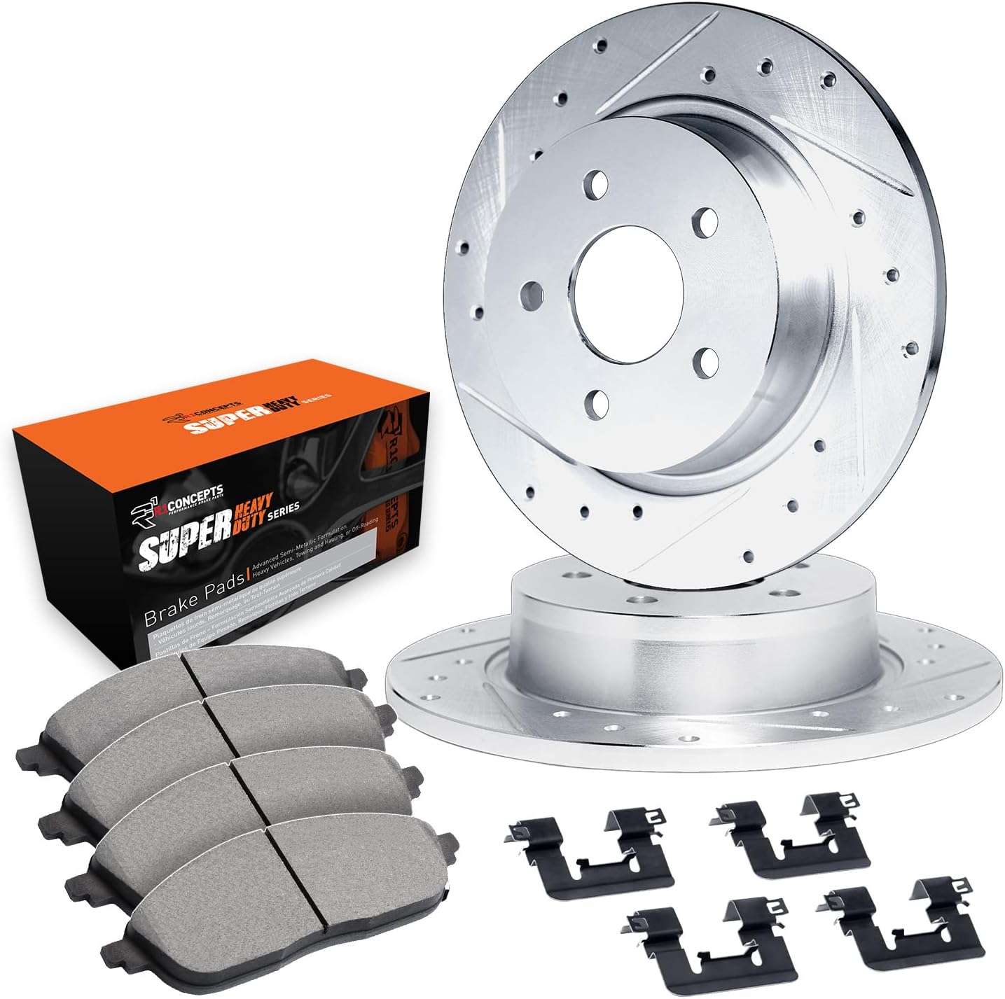 R1 Concepts Rear Brake Kit For 2005-2021 Chrysler 300, 2009-2020 Dodge Challenger, 2006-2020 Dodge Charger| Drilled Slotted Brake Rotors| Optimum OEP Brake Pads and Rotors Kit| Hardware included