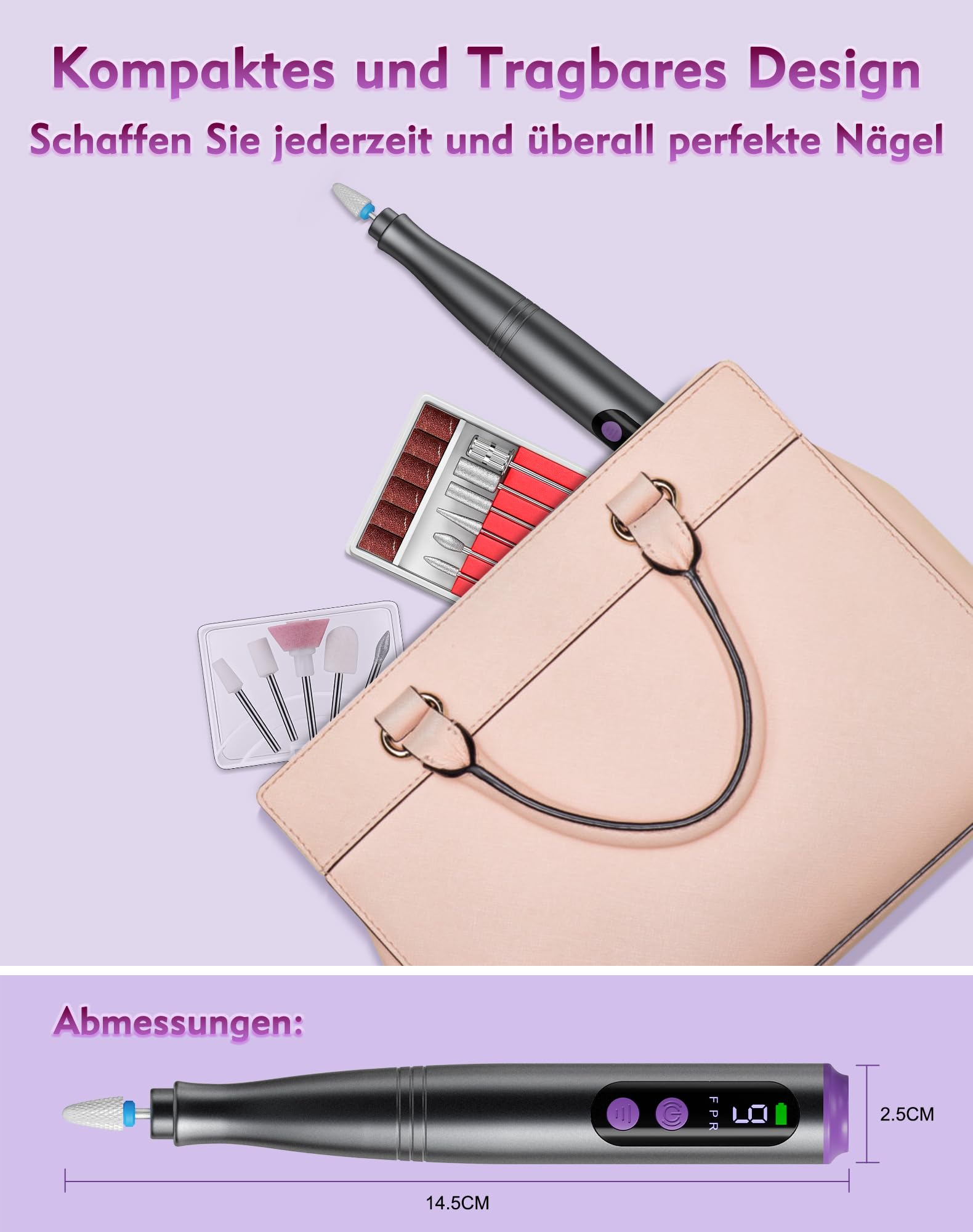 Nagelfräser Set Elektrisch mit LCD Display, Elektrische Nagelfeile Kabellos USB-C Wiederaufladbar, 9 Geschwindigkeiten bis 20000 U/min, Nagelschleifer für Gelnägel, Acrylnägel, Maniküre, Pediküre