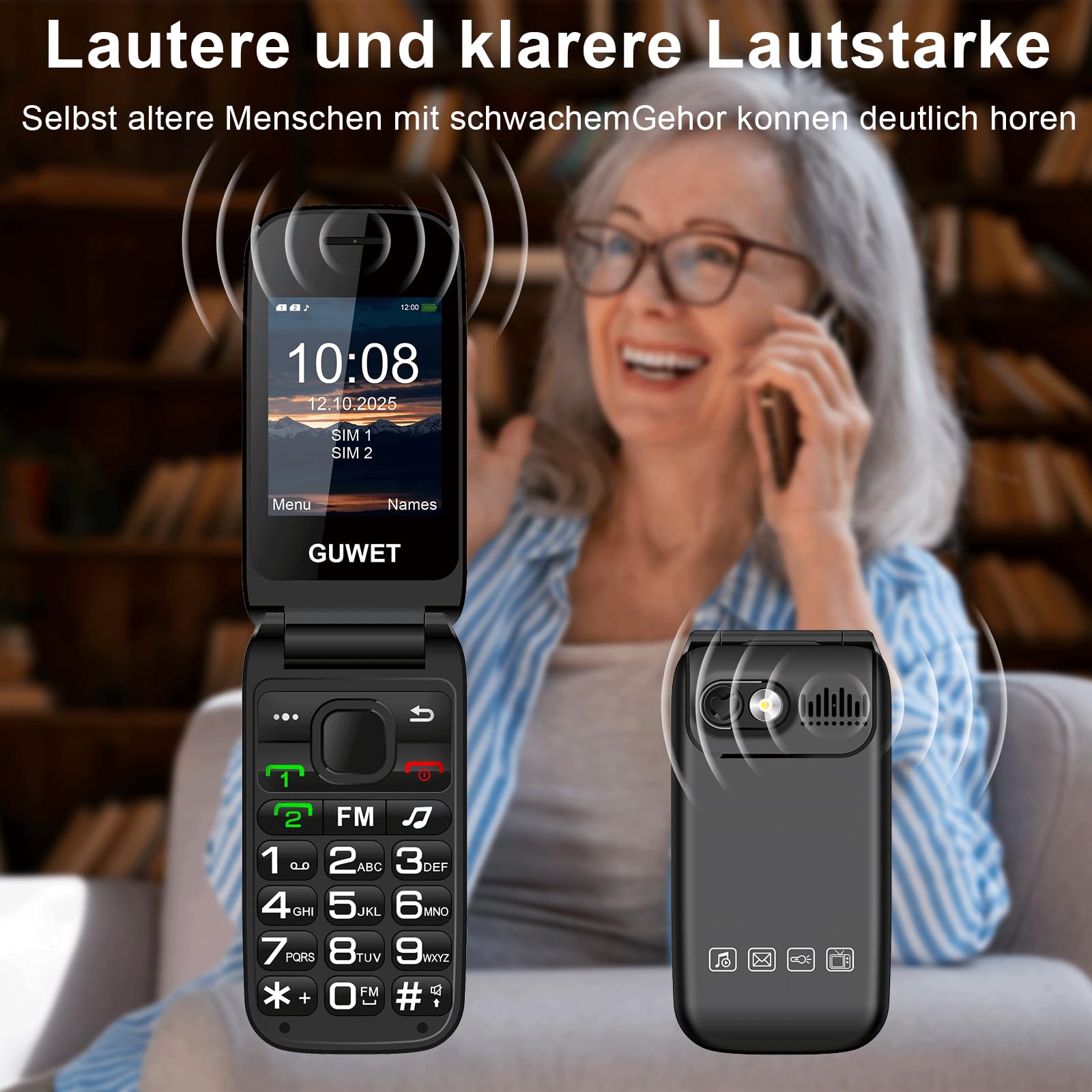 Seniorenhandy Klapphandy ohne Vertrag,Rentner Handy Großen Tasten mit SOS-Notruftaste,Dual SIM 2G GSM mit 2000mAh Akku,USB-C,2.4"+1.77" Dual Display,Schwarz