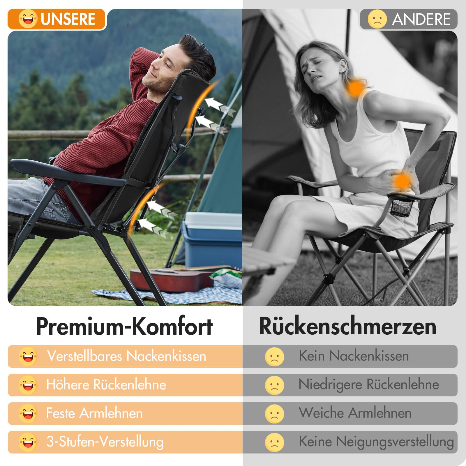 Portal Campingstuhl Faltbar Rückenverstellbar in 3 Positionen Klappstuhl 160 KG Belastbar Hohe Lehne Camping Anglerstuhl Gartenstuhl Liegestuhl Alu für Garten Balkon Picknick