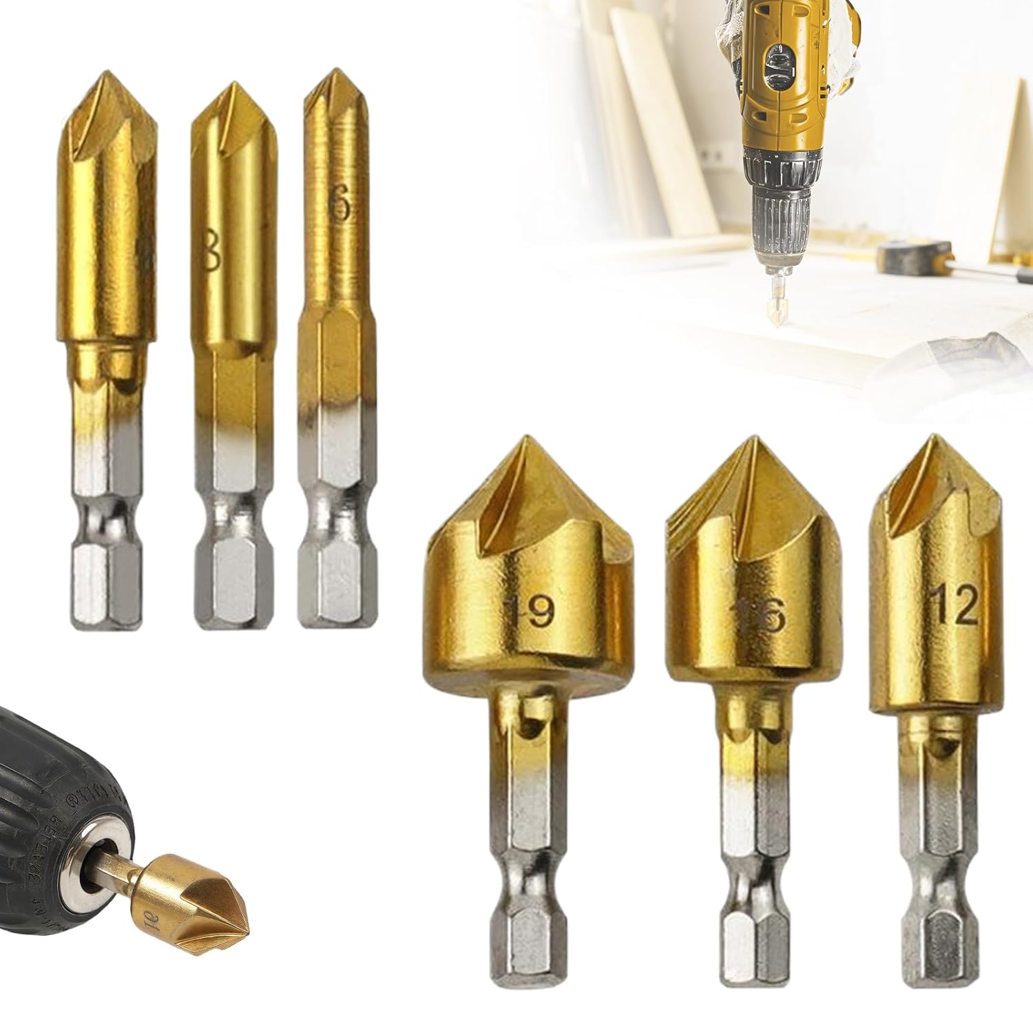 6 Pack Countersink Drill Bit Set, 1/4" Hex Shank 5 Flute Chamfer Tool Kit, 90 Degree Angle Bits for Woodworking, Compatible with Quick Change System 6mm–19mm