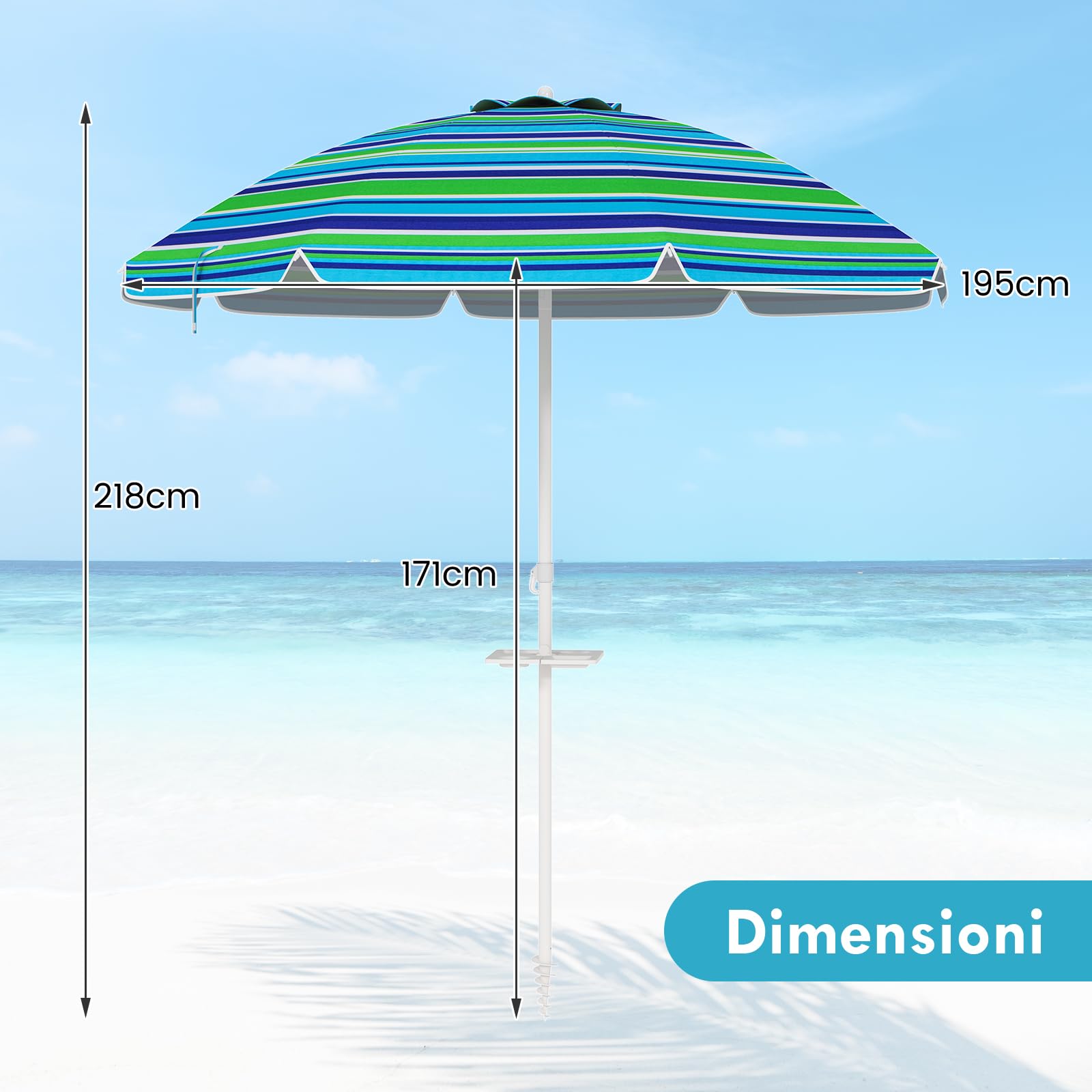 RELAX4LIFE Ombrellone da Spiaggia diametro 220 cm con Vassoio, Ombrellone da Mare Inclinabile a 8 Stecche con Air Vent, Protezione solare e impermeabile, Borsa di Trasporto Inclusi (Modello 4)