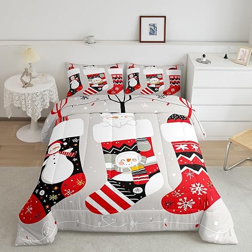 Erosebridal Juego de edredón de calcetines de Navidad para niños, juego de edredón de Papá Noel, ropa de cama de Navidad, muñeco de nieve, pingüino,