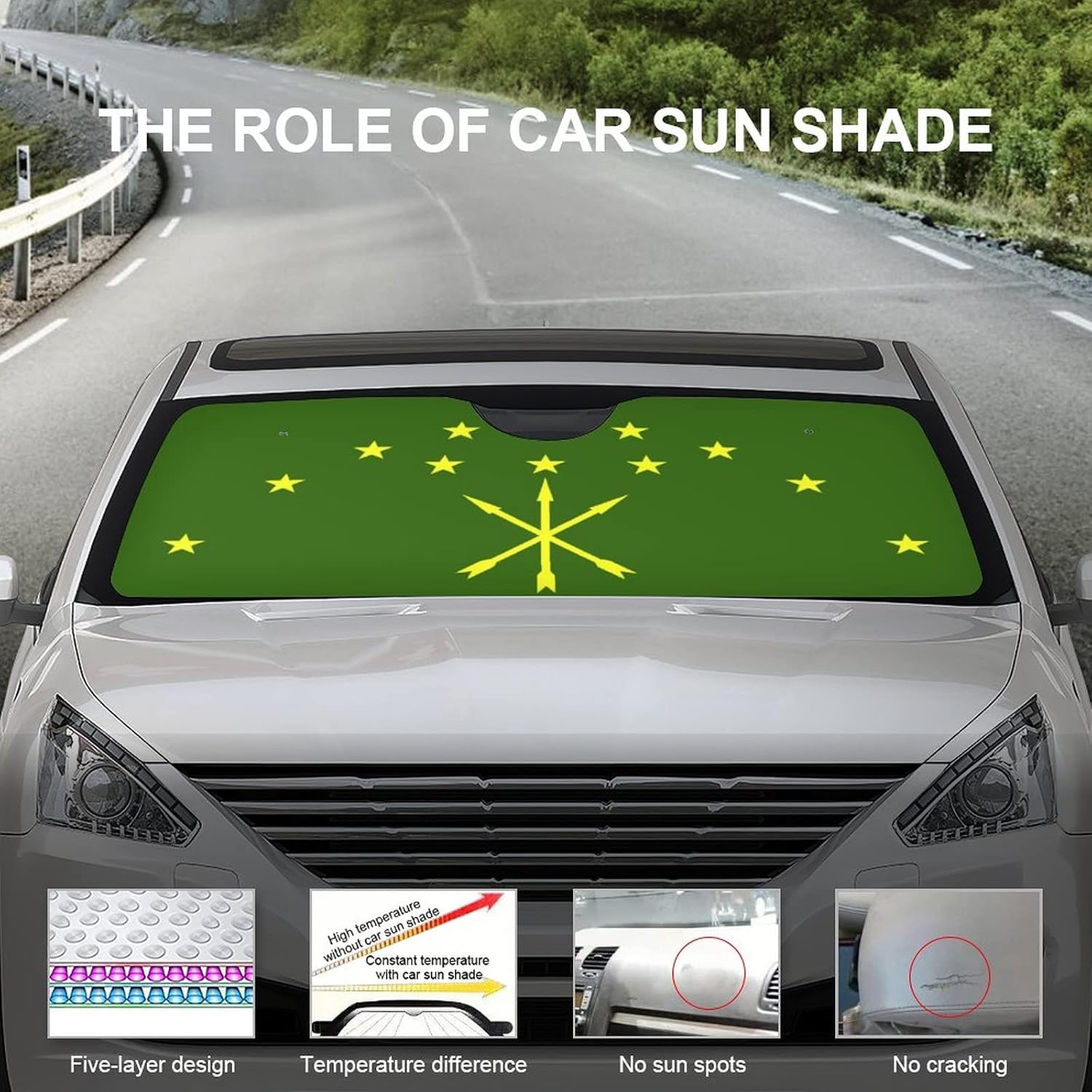Car Windshield Sunshade Adygea Flag Car Sun Shade for Front Windshield Blocks UV Rays Foldable Keep Your Vehicle Cool 51"x28"