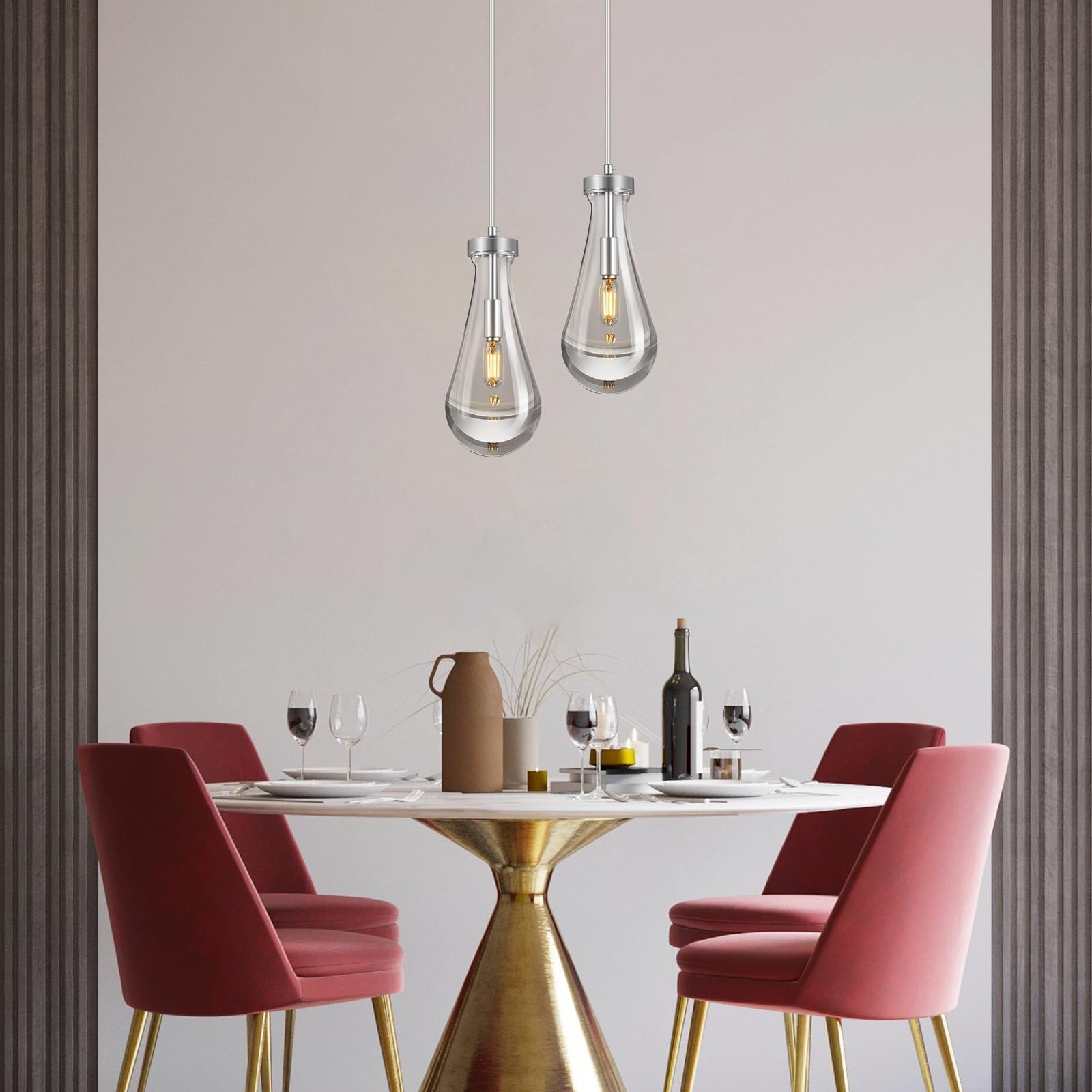 Raindrop Pendant Lights Kitchen Island Set of 2 Teardrop Chrome Hanging Light Fixtures Clear Solid Glass Pendant Light Modern Chandeliers for Dining Room Porch Corridor Living Room