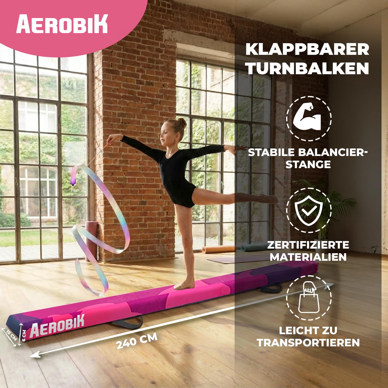 Aerobik | Klappbarer Schwebebalken 240 cm Violett | Stabil, rutschfest & Waschbar | Für Kinder & Erwachsene | Inklusive Gymnastikband | Original Corner