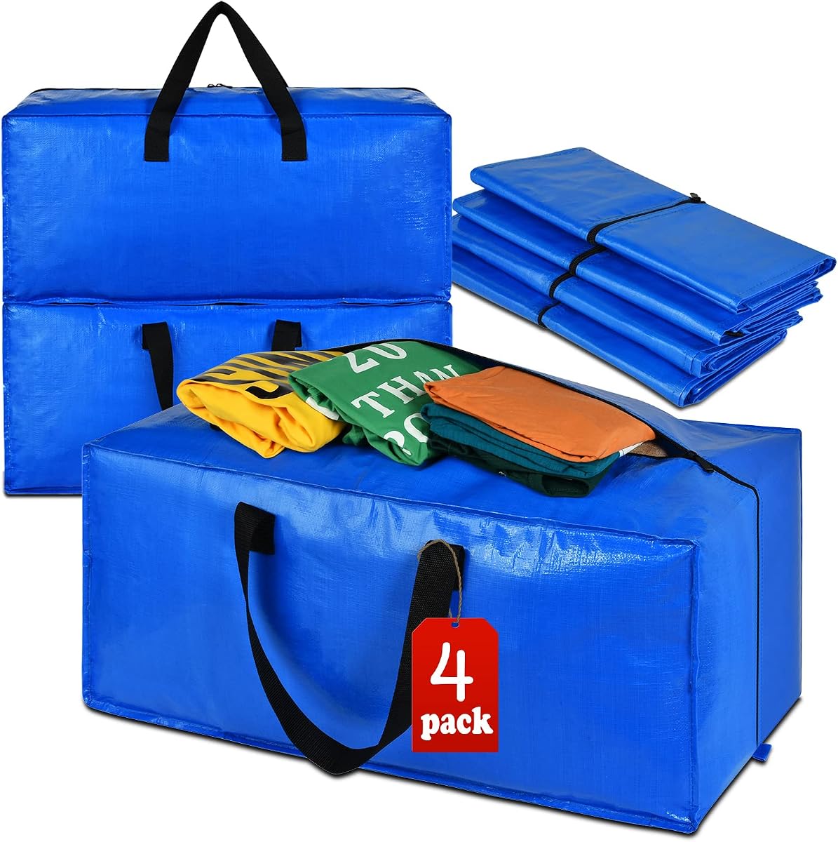 Heavy Duty Extra Large Blue Moving Bags with Strong Zipper Backpack Handles | 4 Pack Clothes Storage Bags Totes Space Saving Moving Boxes Bins Packing Bags for College Dorm Compatible with Ikea Frakta