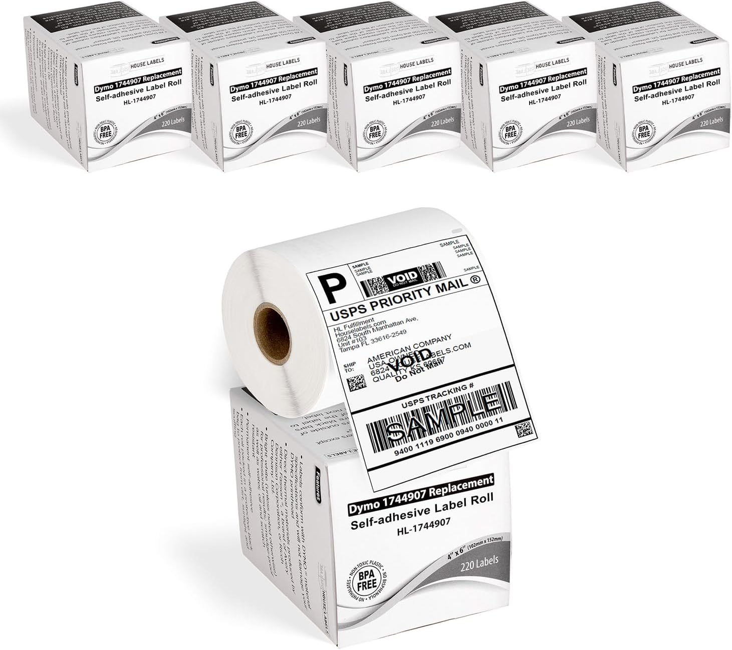 HOUSELABELS Compatible DYMO 1744907 Shipping Labels (4" x 6"), Strong Permanent Adhesive, Compatible with DYMO LW 4XL, Rollo & Zebra Desktop Printers, 6 Rolls /1320 Labels