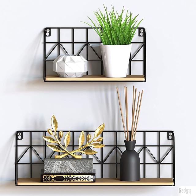 Gadgy Floating Shelves | Set 2 Piece Shelves for Wall | Small Shelf | Wooden Shelves | Wire Shelf | Floating Shelves Wood | Black Metal Shelf | Rustic Floating shelves | Home Accessories Living Room