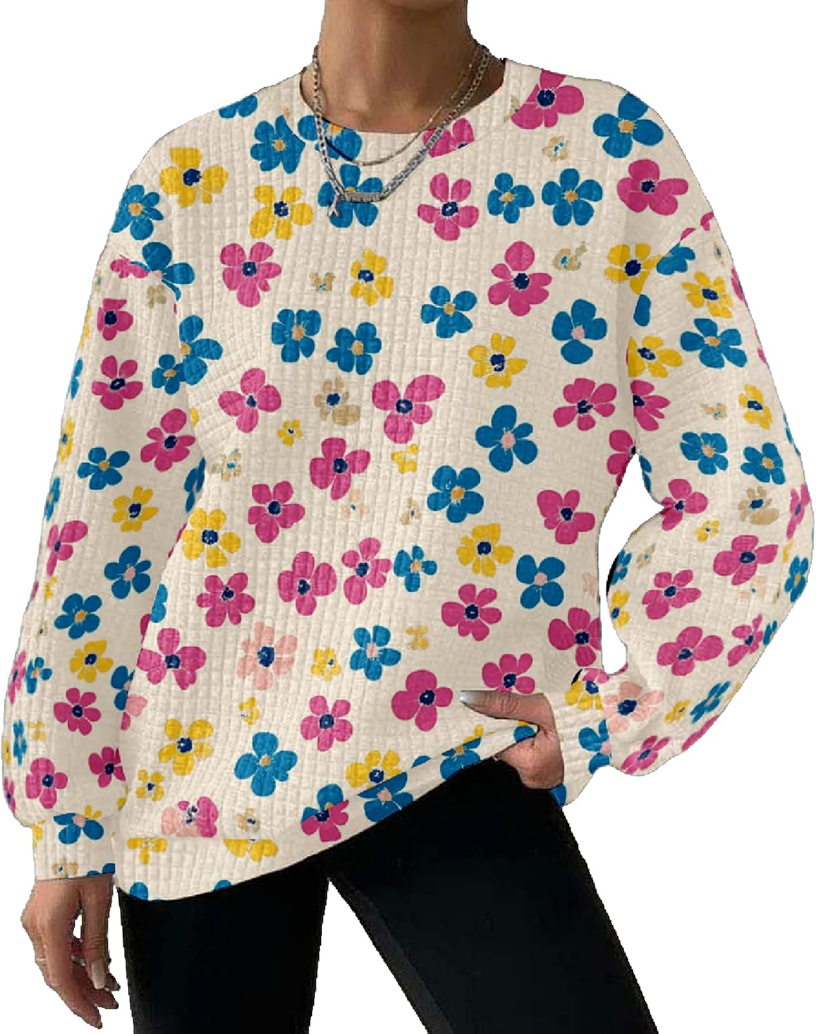 MARSVOVO Long Sleeve Waffle Sweatshirt Women 2025 Fall Fashion Crewneck Floral Graphic Casual Lightweight Ladies Pullover