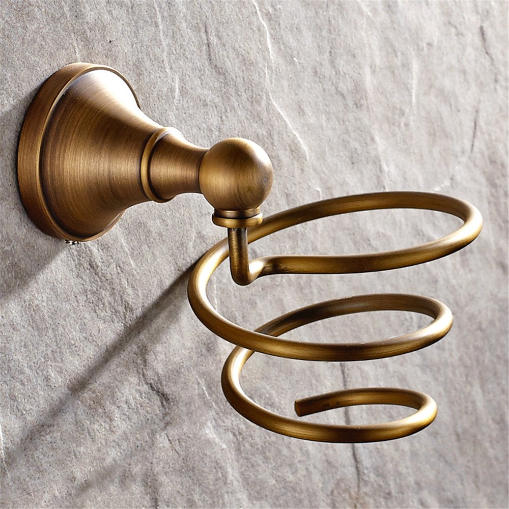 Weare Home Antique Brass Wall Mount Spiral Hair Dryer Holder Rack Hair Drier Storage Organizer