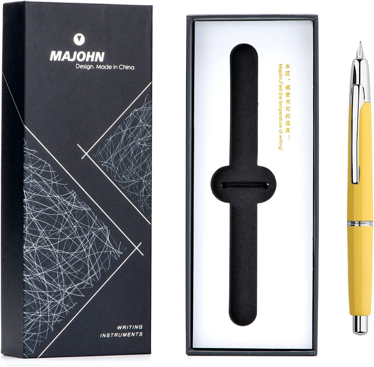erofa Majohn A2 Press Fountain Pen Extra Fine Nib with Box, Retractable Yellow Resin Ink Pen with Converter Writing Pen Set (Silver Clip Version