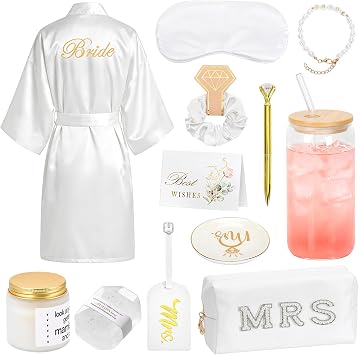 12PCS Bridal Shower Gift, Bride to Be Gift for Wedding Day Bachelorette Gifts for Bride with Robe Cup Jewelry Accessories
