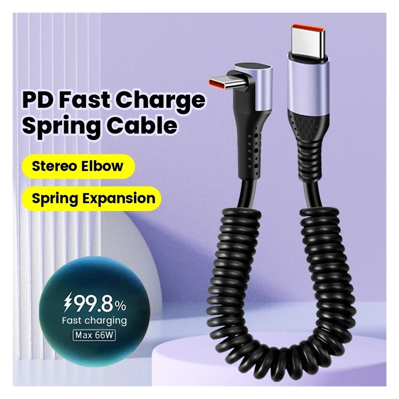 Cable USB C codo de coche 6A 66W carga rápida tipo C para iPhone y Samsung | Codo C a C