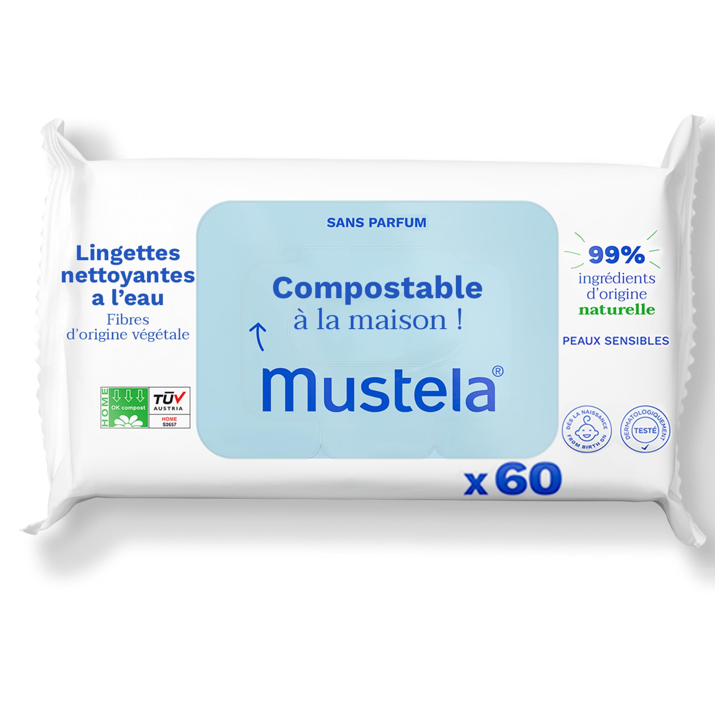 Mustela - Lingettes Nettoyantes à l'Eau - Lingettes Bébé Compostables - Visage, Mains, Siège - 99% ingrédients d'origine naturelle - Fibres d'origine Végétales - Hygiène Bébé et Soin - Sans Parfum