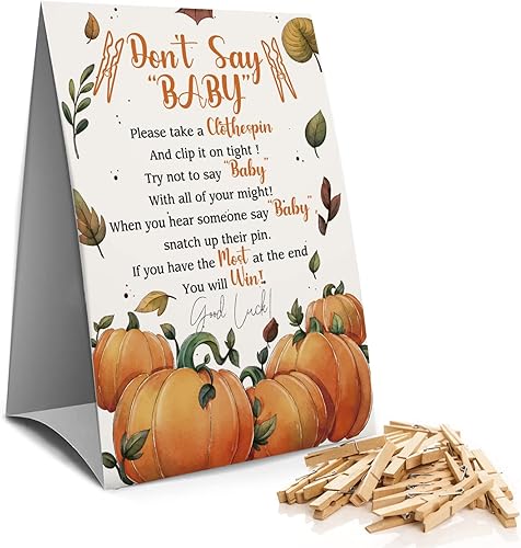 Letrero de juegos de pinzas para ropa de bebé (1 letrero + 50 mini pinzas para la ropa), juegos de baby shower, hoja de arce de calabaza, baby