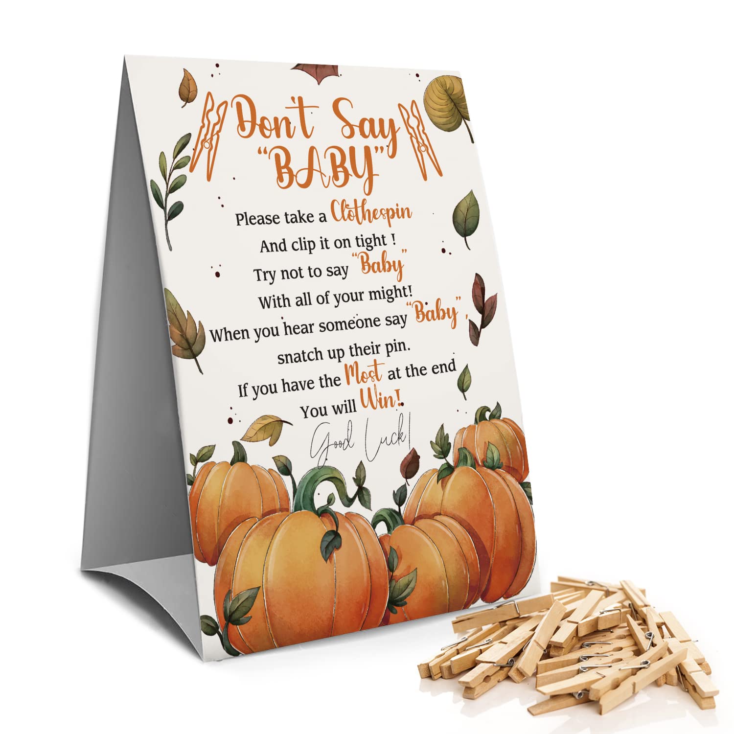 Don't Say Baby Clothespin Games Sign(1 Sign + 50 Mini Clothespins), Baby Shower Games, Pumpkin Maple Leaf,Gender Neutral Baby Shower (5D)