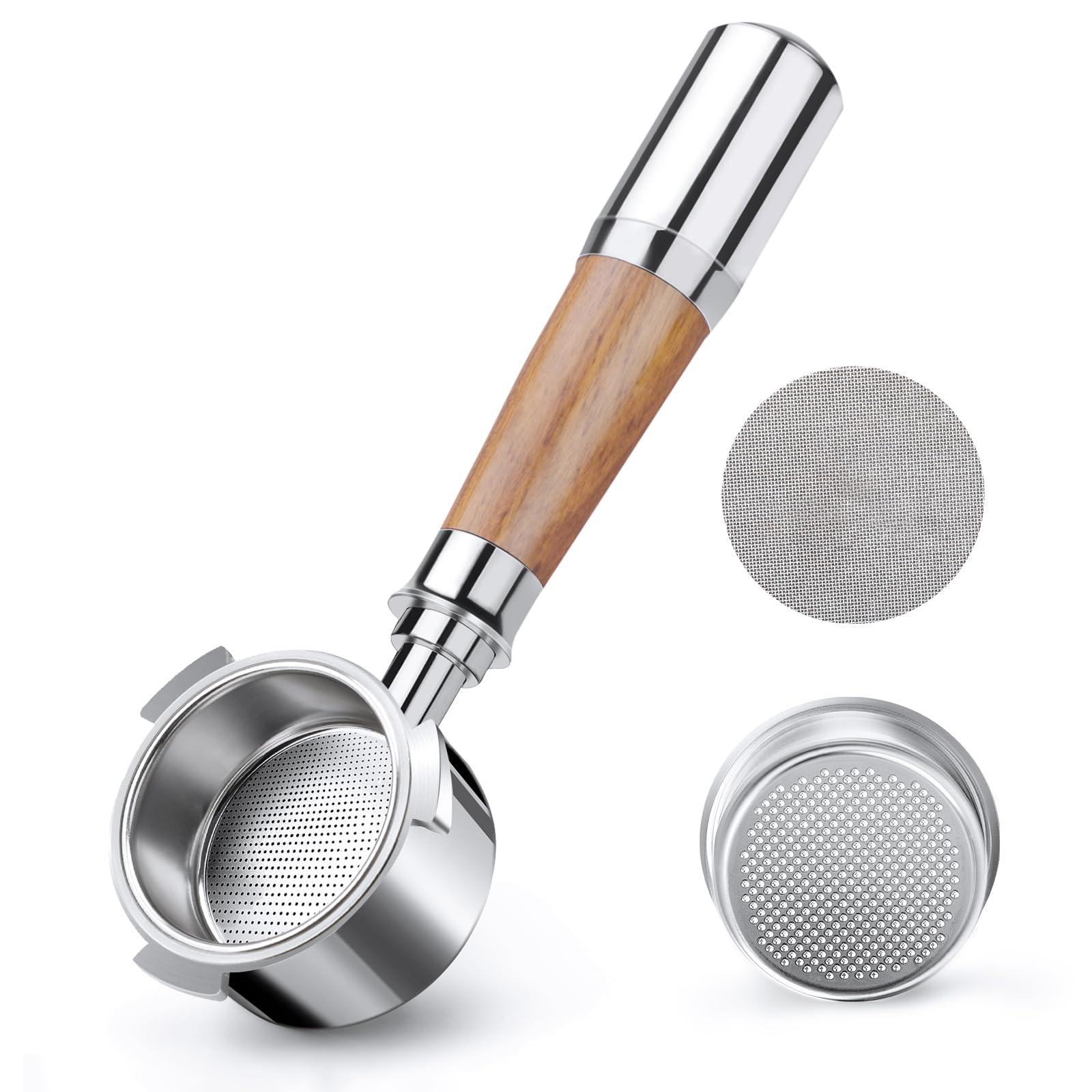 VINATO Siebträger 51mm Bodenlos - Edelstahl Filterhalter Für DeLonghi Kaffeemaschinen | Mit Walnussholz-Griff