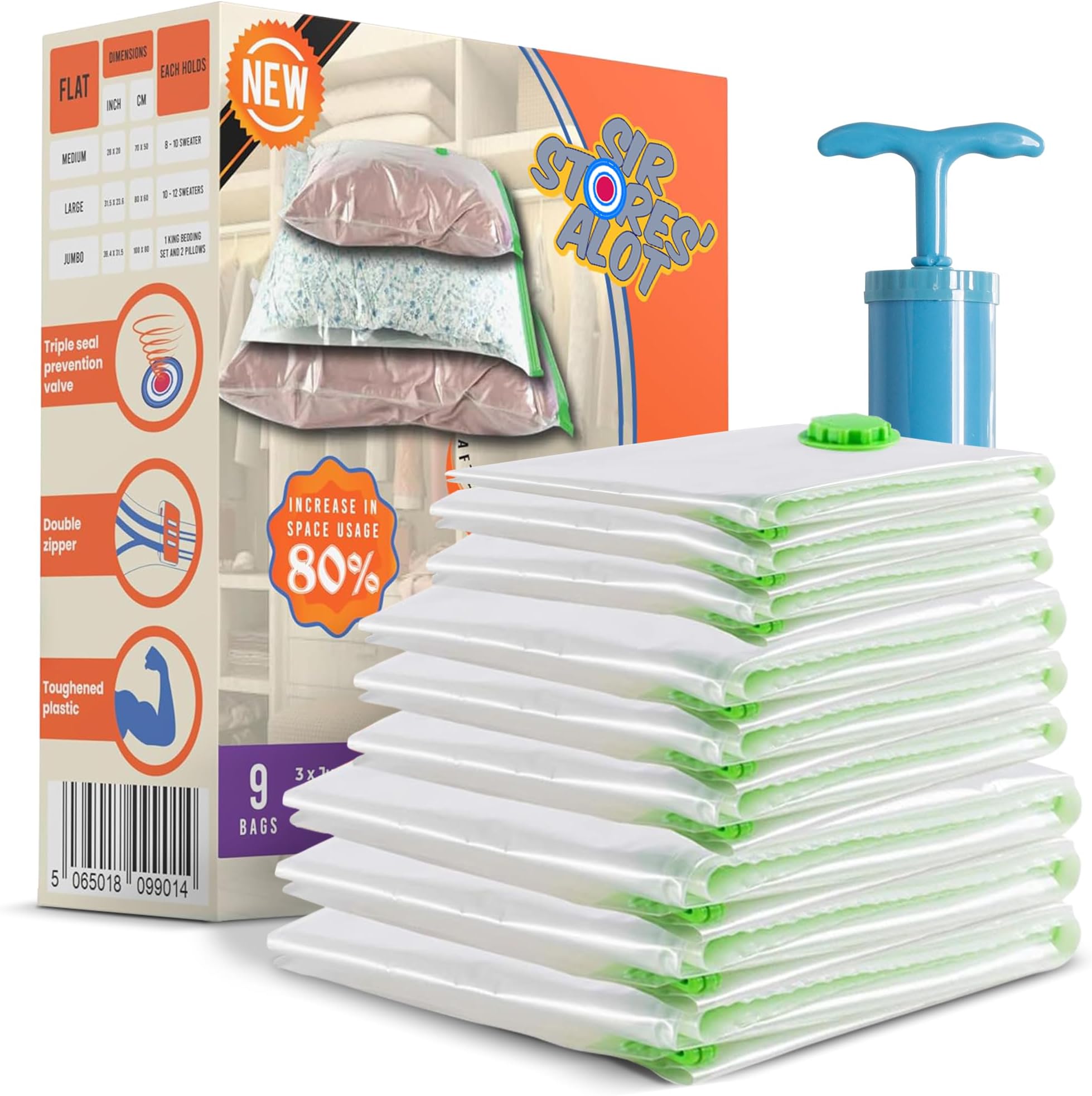 Sir Stores'alot Space Saver Vacuum Storage Bags 9-Pack - Reusable Storage Vacuum Bags for Clothes with Hand Pump - Clothing Storage Compression Bags in 3 Sizes - Versatile Home Storage Packing Bags