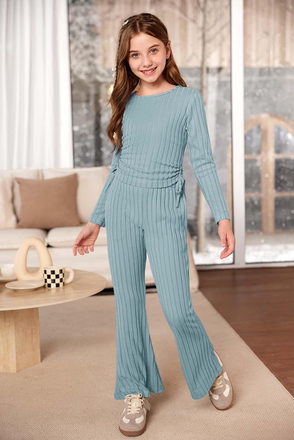 Girls Fall 2 Piece Outfits Ruched Long Sleeve Tops & Cozy Rib-Knit Flared Pants With Side Pockets 3-12 Years