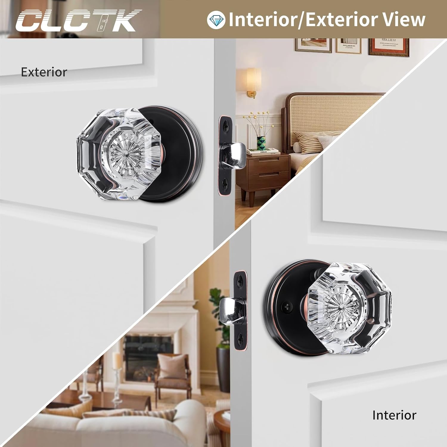 Glass Door Knobs Interior with Lock, Vintage Crystal Privacy Octagon Oil Rubbed Bronze Door Knobs for Bedroom Bathroom image 5