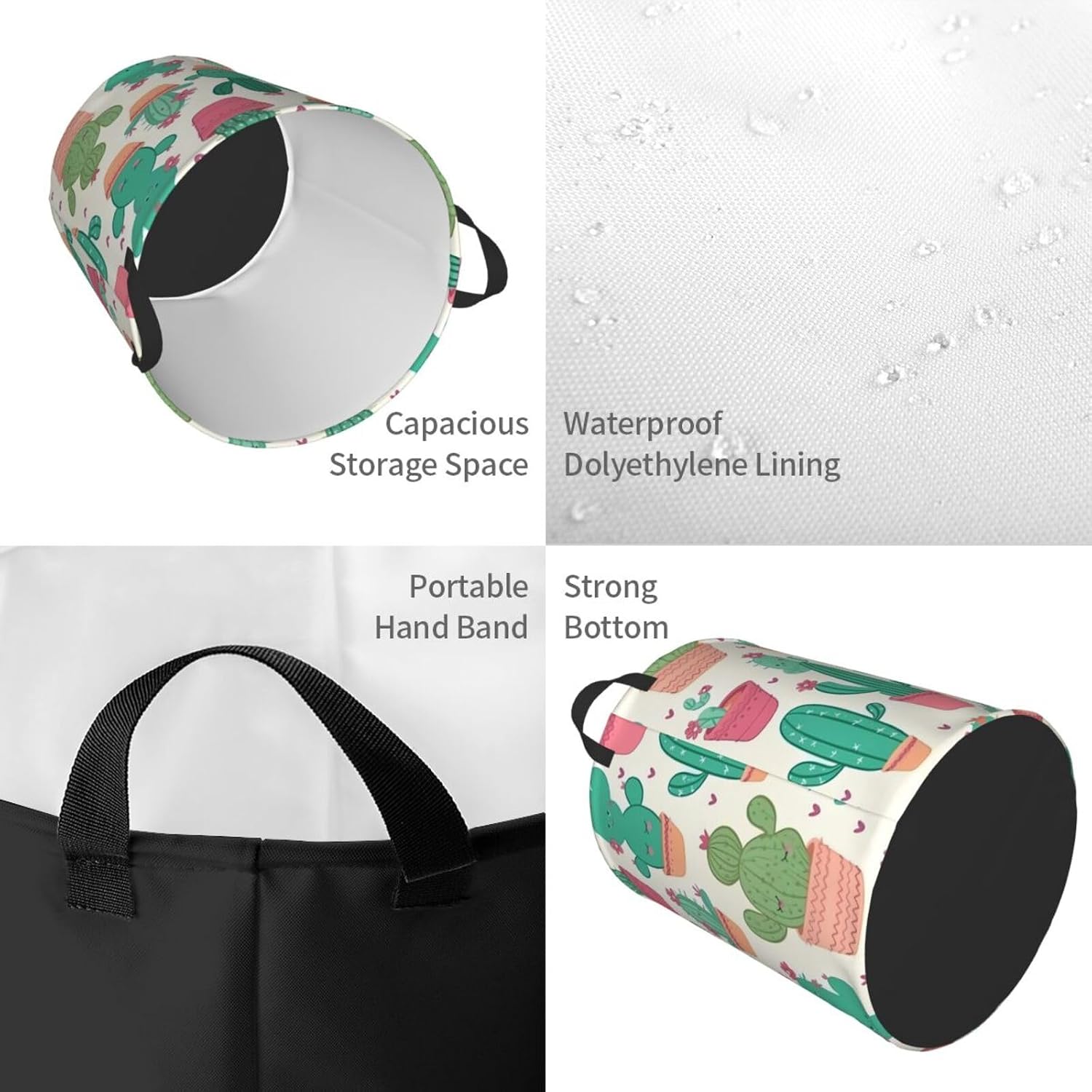 Cute Cactus Seamless Illustration print Circular Hamper Waterproof Storage Bin Organizer Basket Laundry Hamper With Handles For Clothes Toys Medium