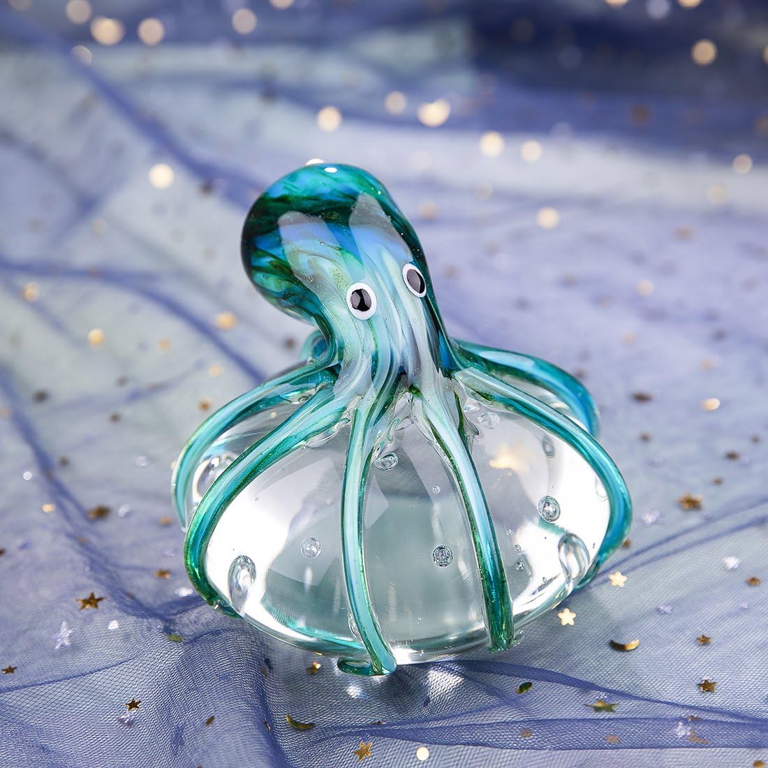 QFkris 4.3" Handmade Octopus Blown Glass Figurine Gift for Mother's Day, Birthday Home Decor Blue-Green Paper Weight